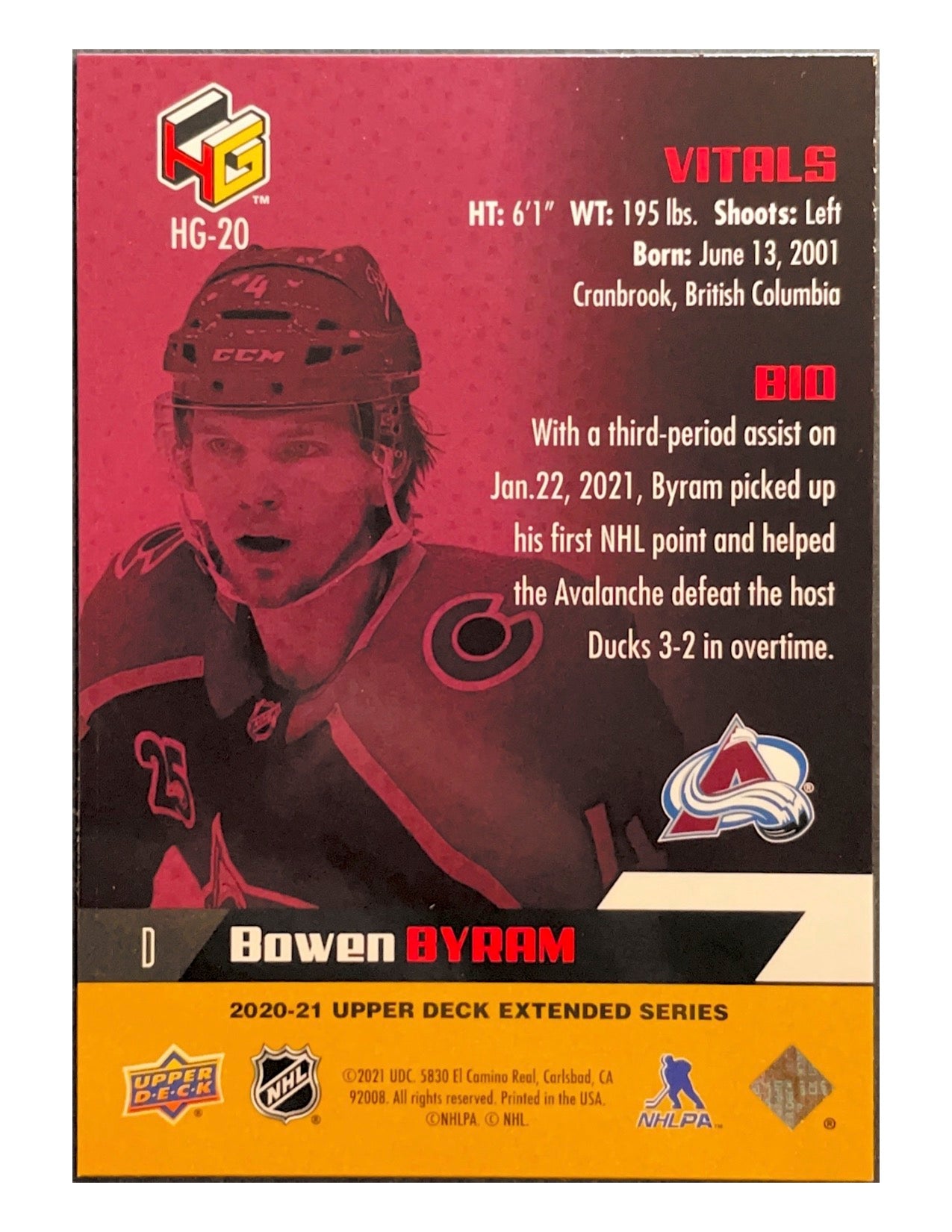 Bowen Byram 2020-21 Upper Deck Extended Series HoloGrFX Gold #HG-20