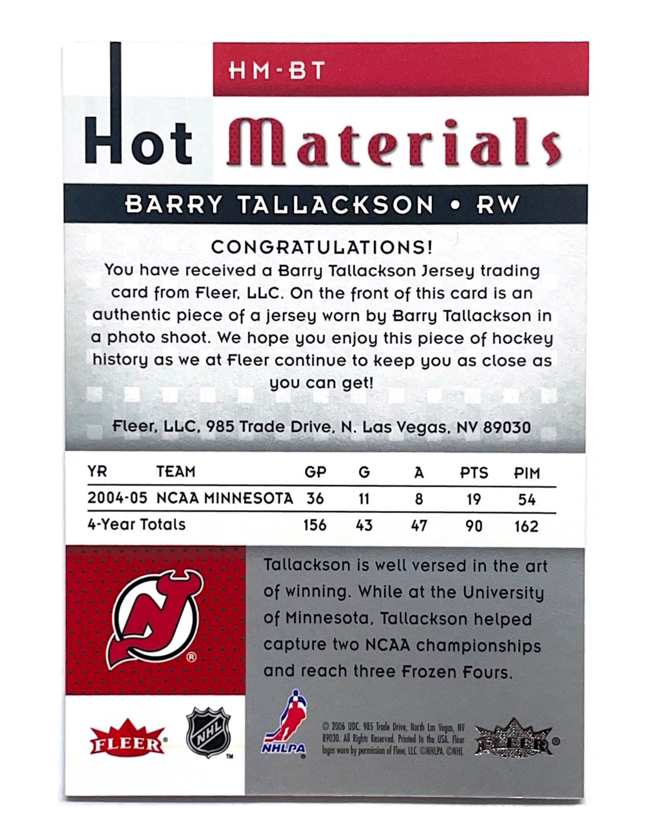 Barry Tallackson 2005-06 Upper Deck Fleer Hot Materials Jersey #HM-BT