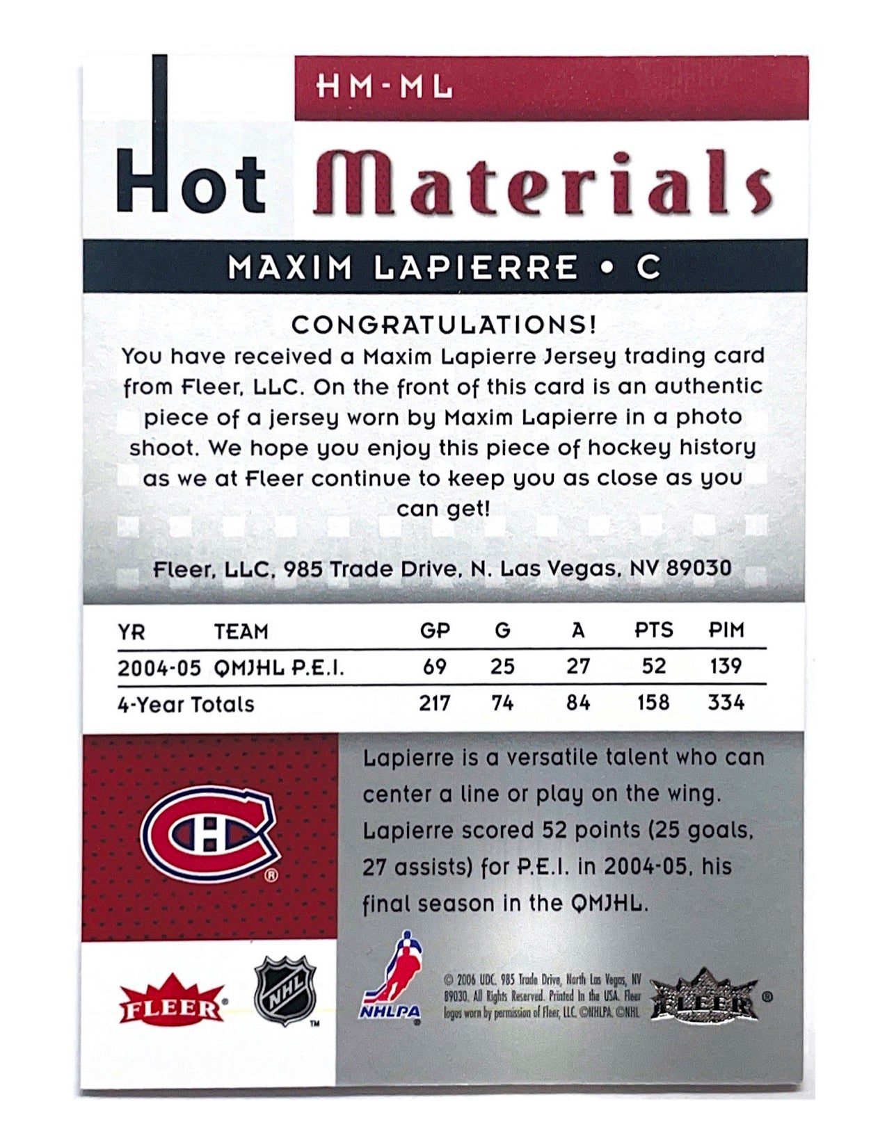 Maxim Lapierre 2005-06 Upper Deck Fleer Hot Materials Jersey #HM-ML