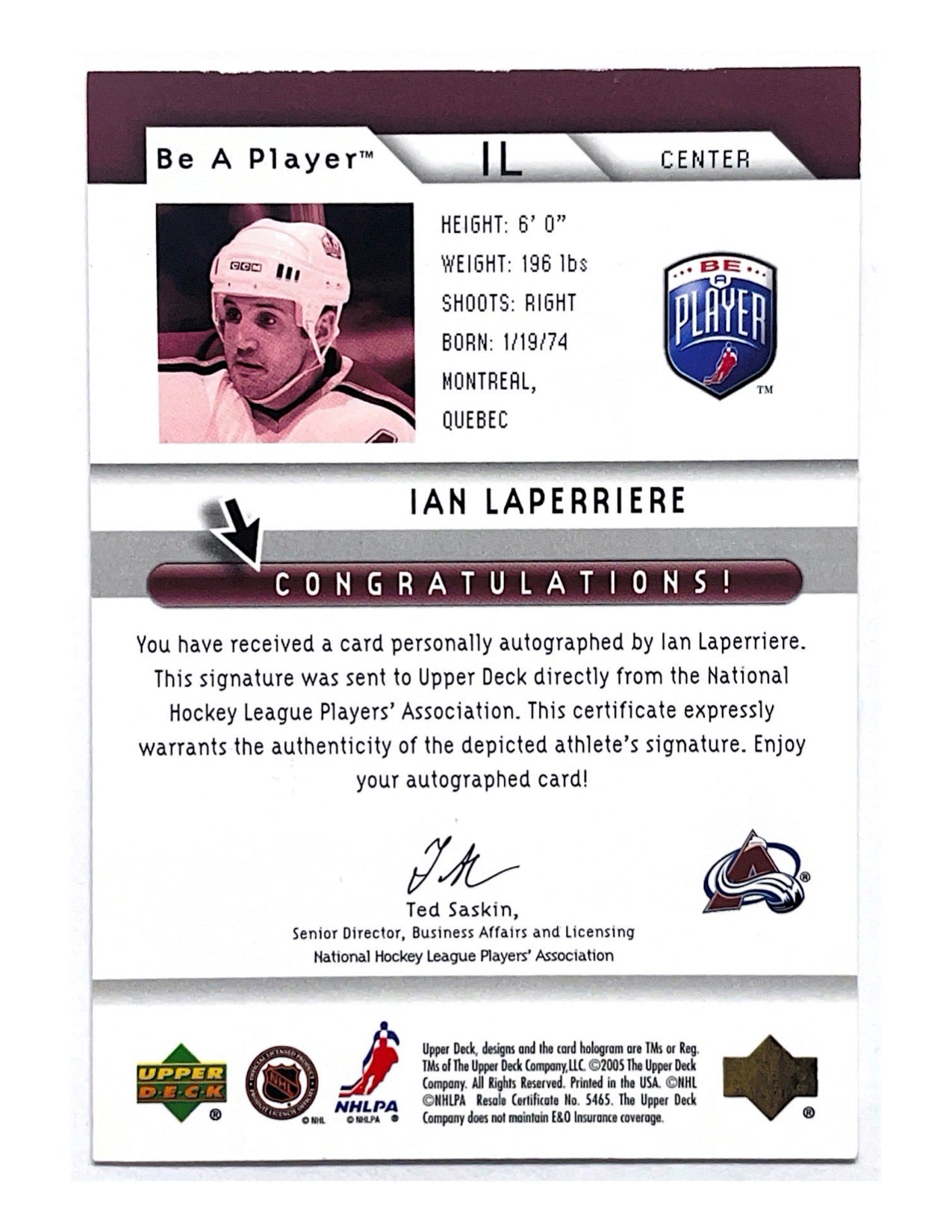 Ian Laperriere 2004-05 Upper Deck Be A Player Autograph #IL