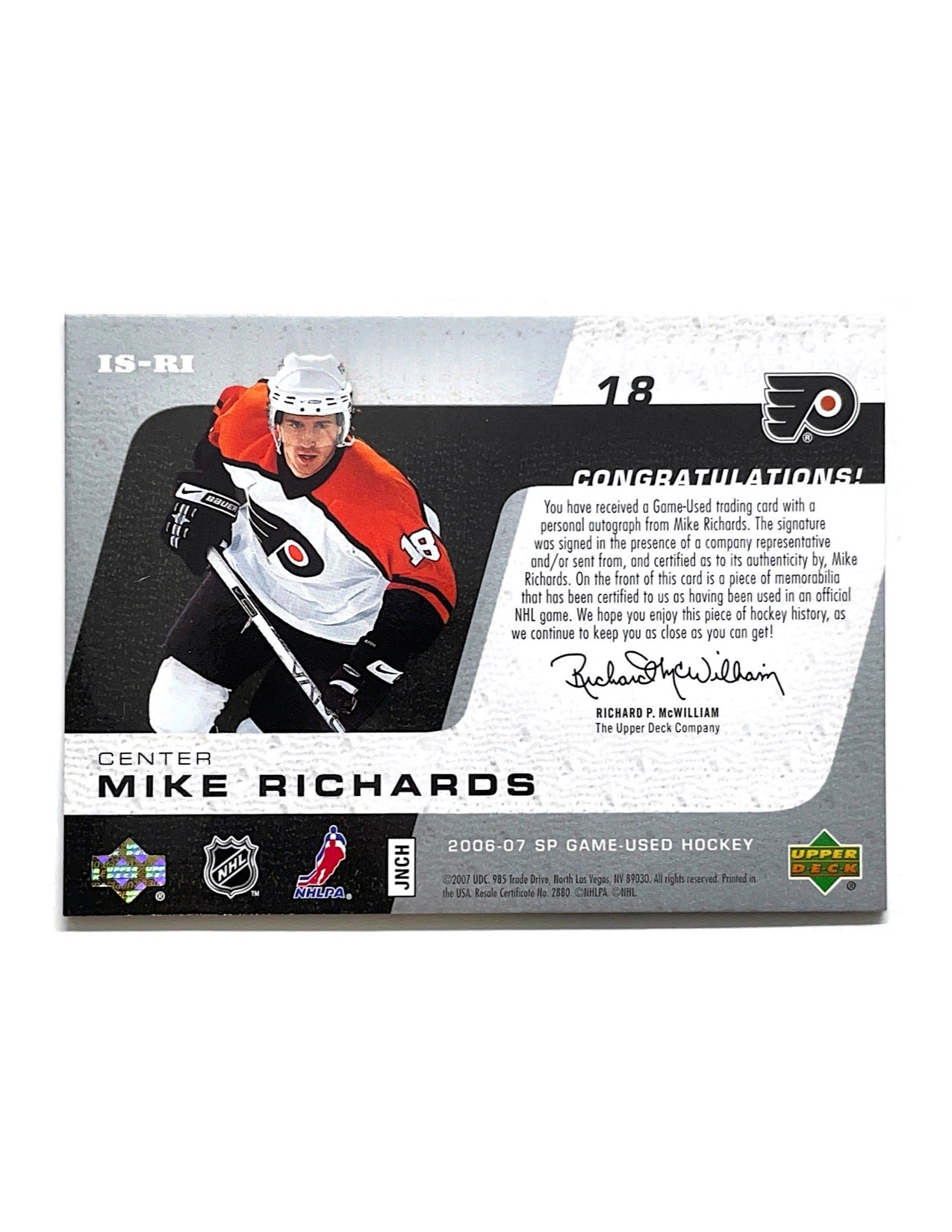 Mike Richards 2006-07 Upper Deck SP Game Used Inked Sweaters Jersey Autograph #IS-RI - 022/100