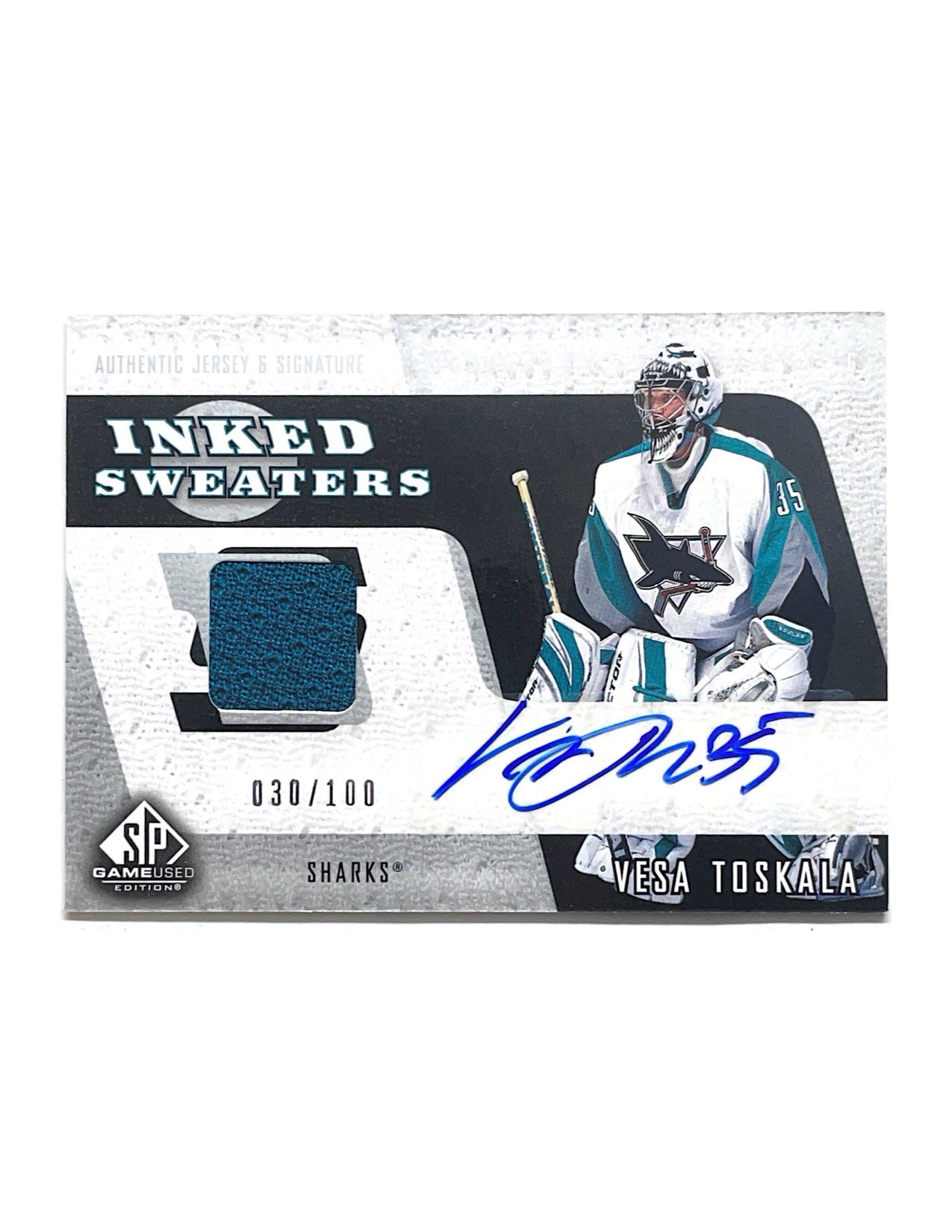 Vesa Toskala 2006-07 Upper Deck SP Game Used Inked Sweaters Jersey Autograph #IS-VT - 030/100