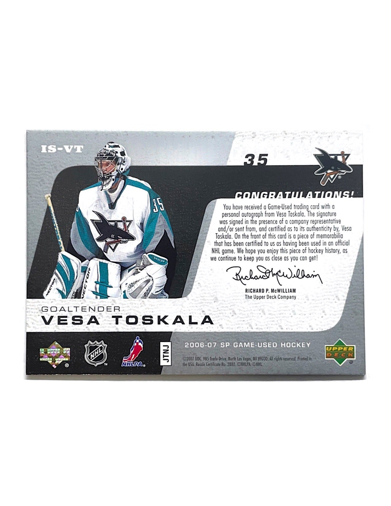 Vesa Toskala 2006-07 Upper Deck SP Game Used Inked Sweaters Jersey Autograph #IS-VT - 030/100