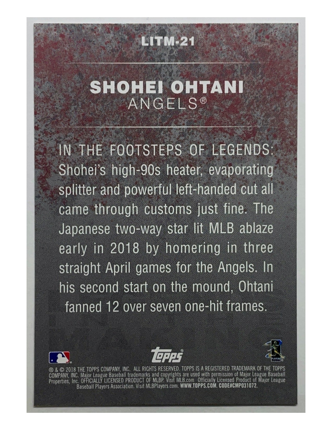 Shohei Ohtani 2018 Topps Update Legends In The Making Rookie #LITM-21