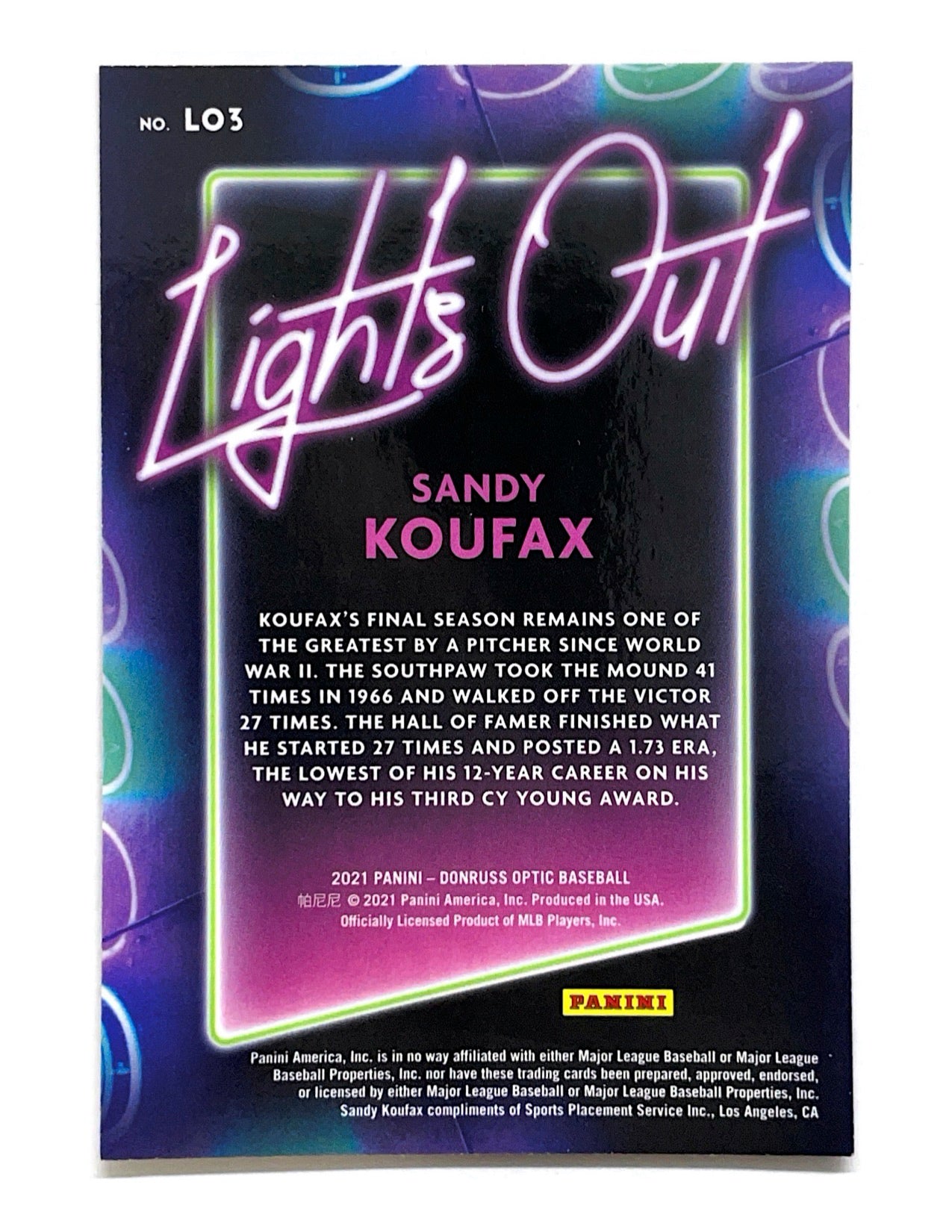 Sandy Koufax 2021 Panini Donruss Optic Lights Out #LO3