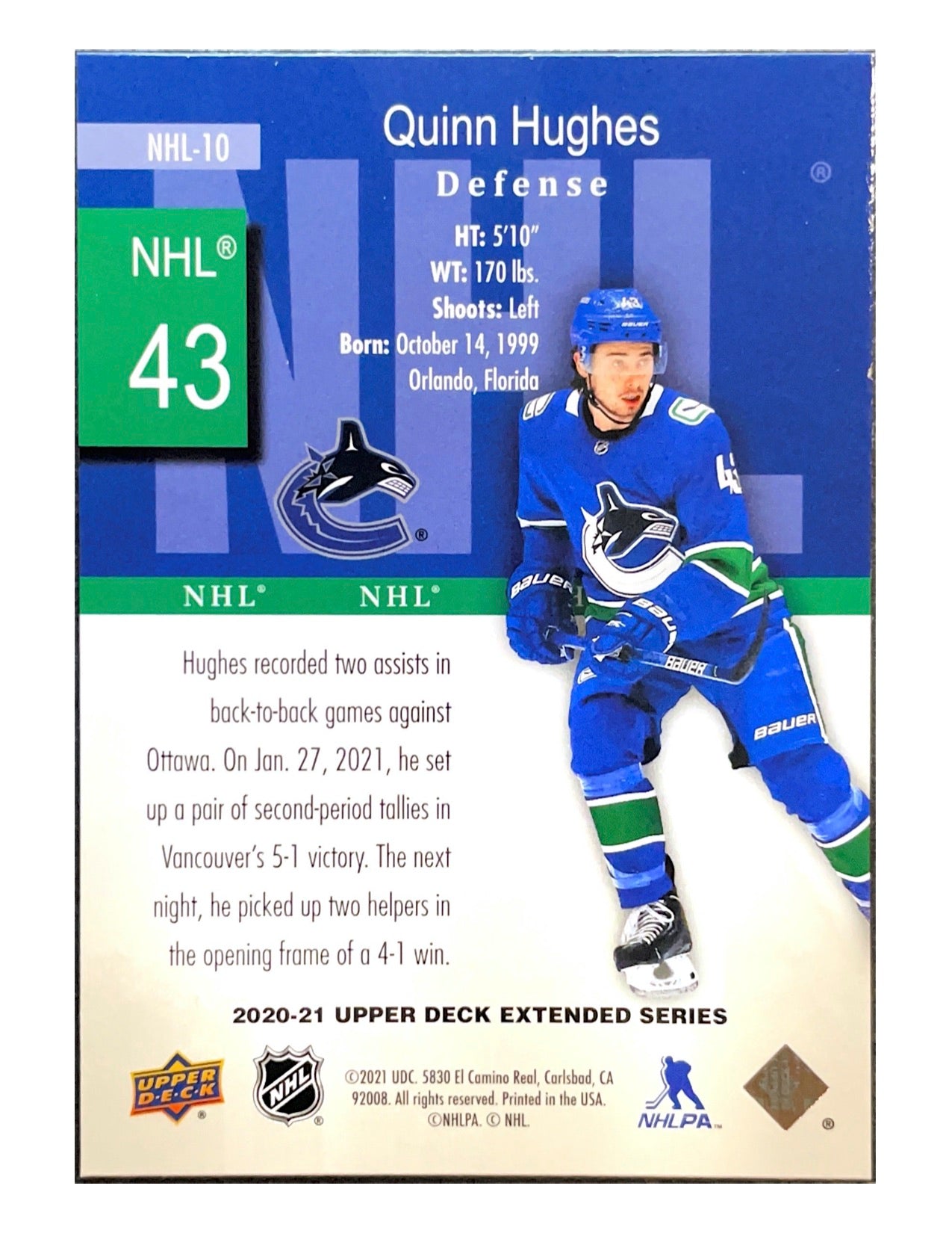 Quinn Hughes 2020-21 Upper Deck Extended Series HoloGrFX NHL #NHL-10