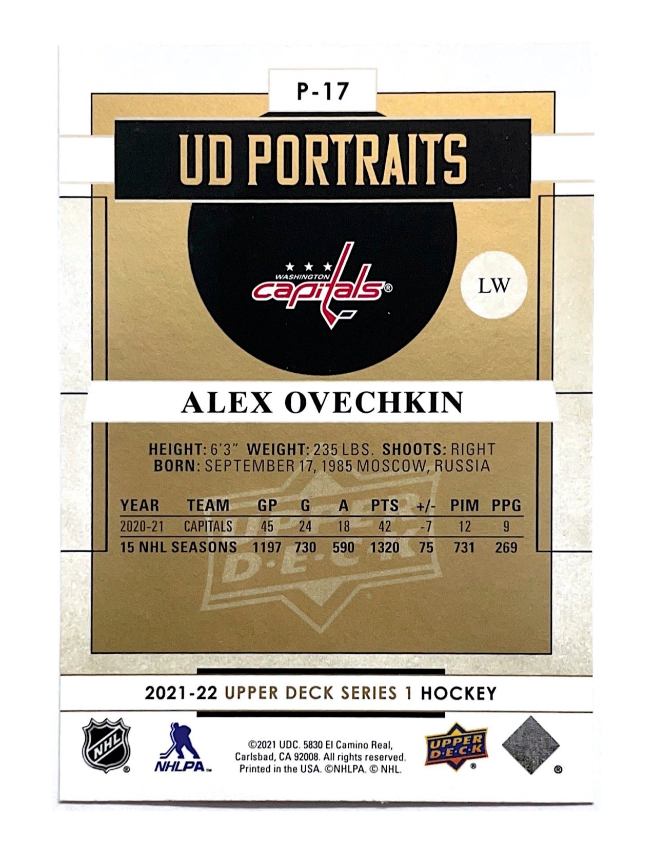 Alex Ovechkin 2021-22 Upper Deck Series 1 UD Portraits #P-17