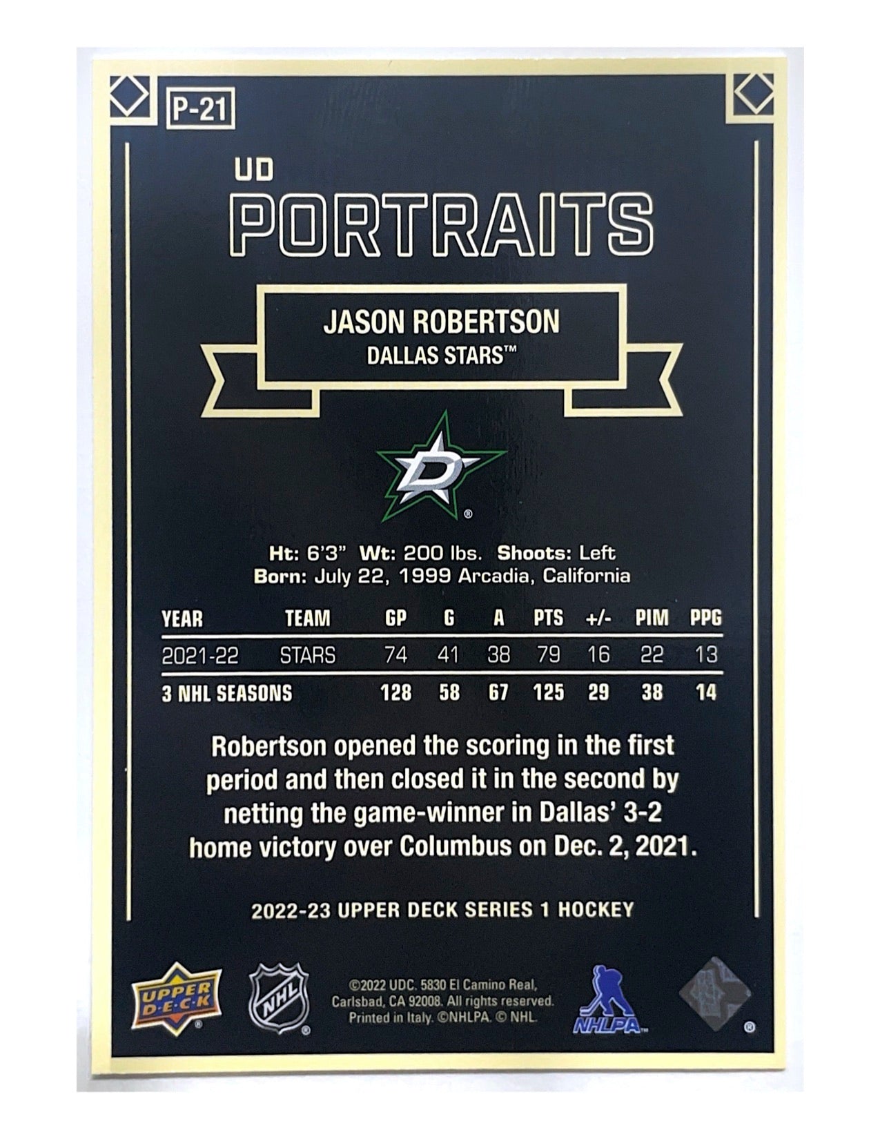 Jason Robertson 2022-23 Upper Deck Series 1 UD Portraits #P-21