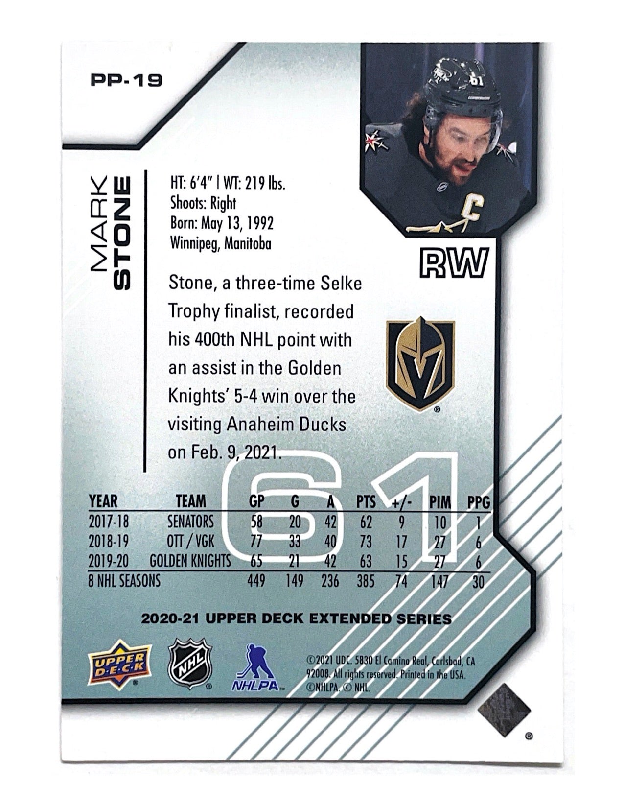 Mark Stone 2020-21 Upper Deck Extended Series Pros & Prospects #PP-19 - 0406/1000