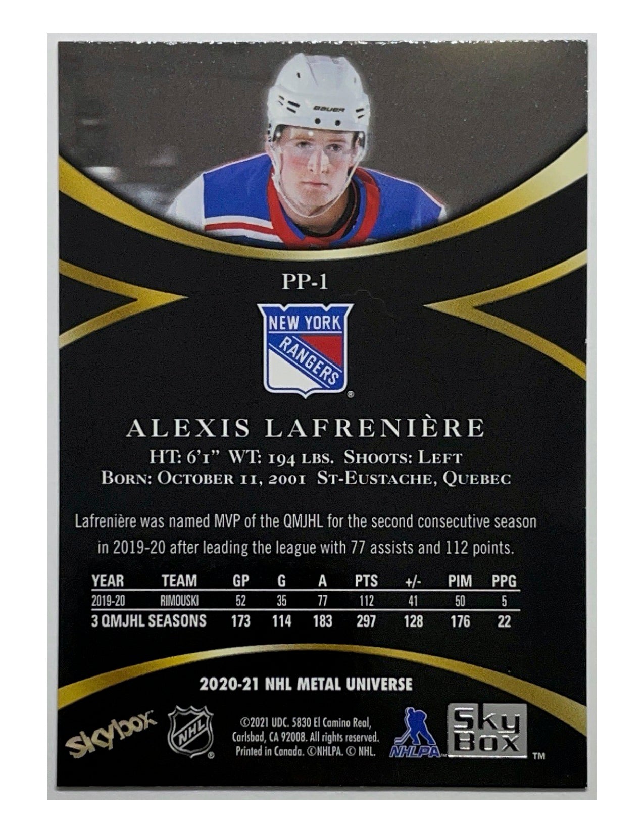 Alexis Lafreniere 2020-21 Upper Deck Skybox Metal Universe Prospects #PP-1