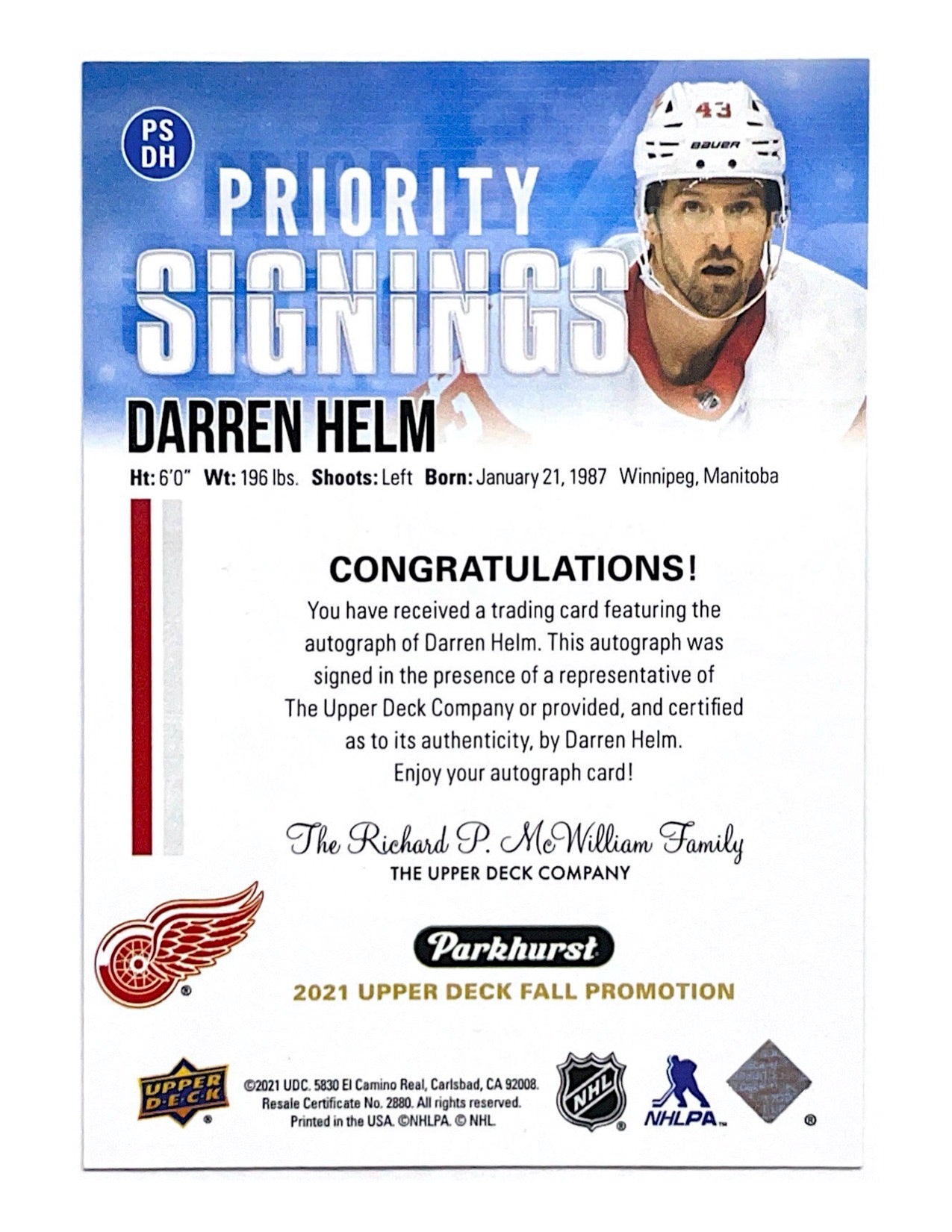 Darren Helm 2020-21 Upper Deck Fall Promotion Parkhurst Priority Signings #PS-DH - 14/50