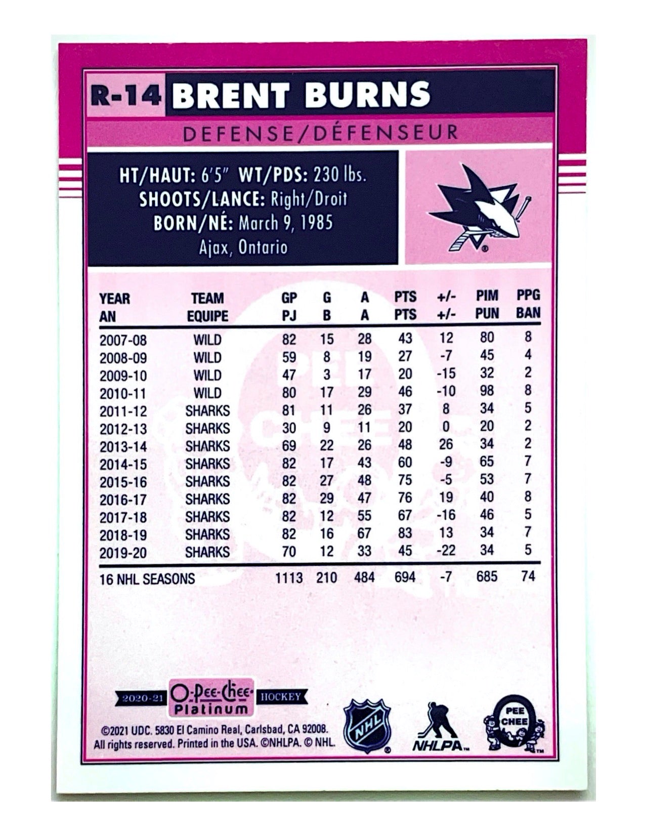 Brent Burns 2020-21 O-Pee-Chee Platinum Retro #R-14