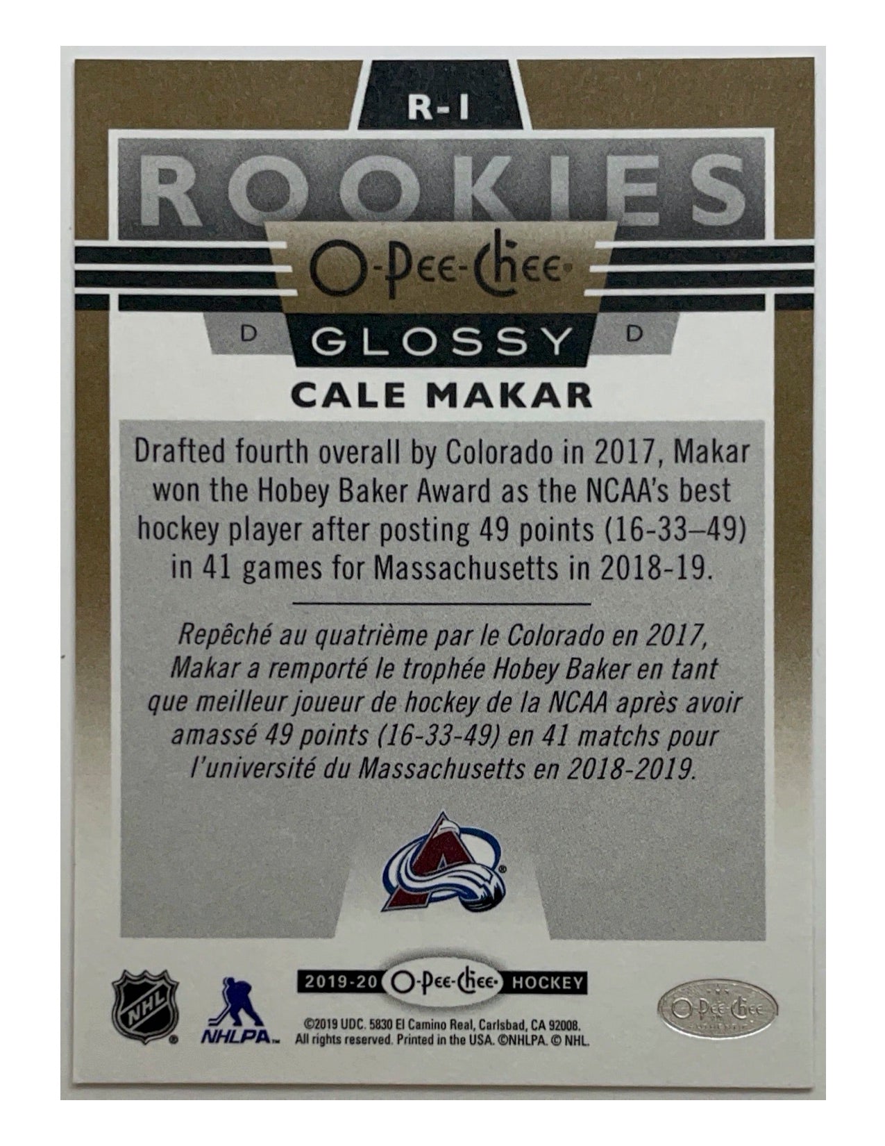 Cale Makar 2019-20 O-Pee-Chee Glossy Rookies Bronze #R-1