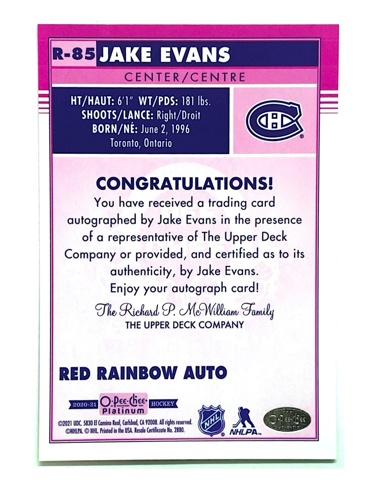 Jake Evans 2020-21 O-Pee-Chee Platinum Red Rainbow Autograph Rookie #R-85