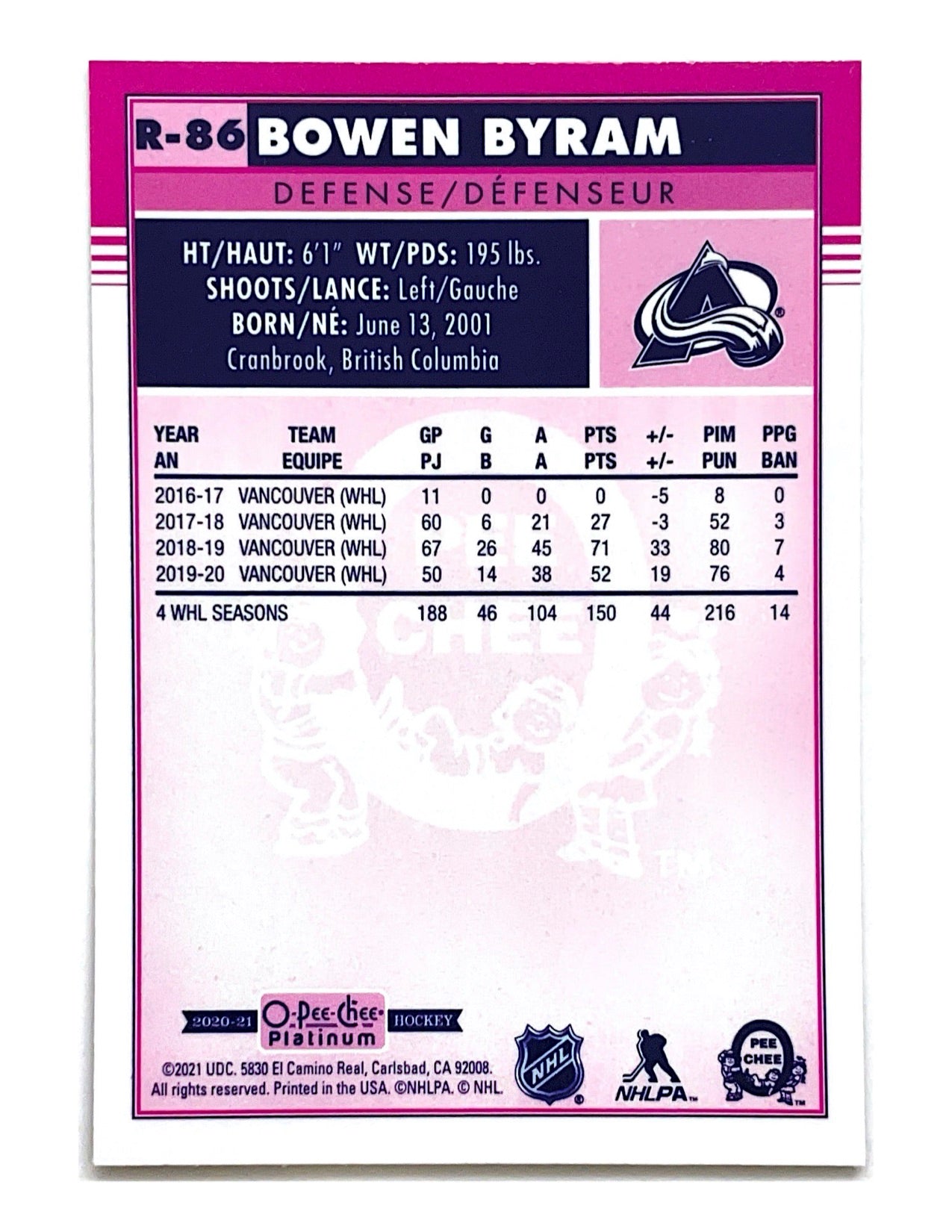 Bowen Byram 2020-21 O-Pee-Chee Platinum Retro Rookie #R-86