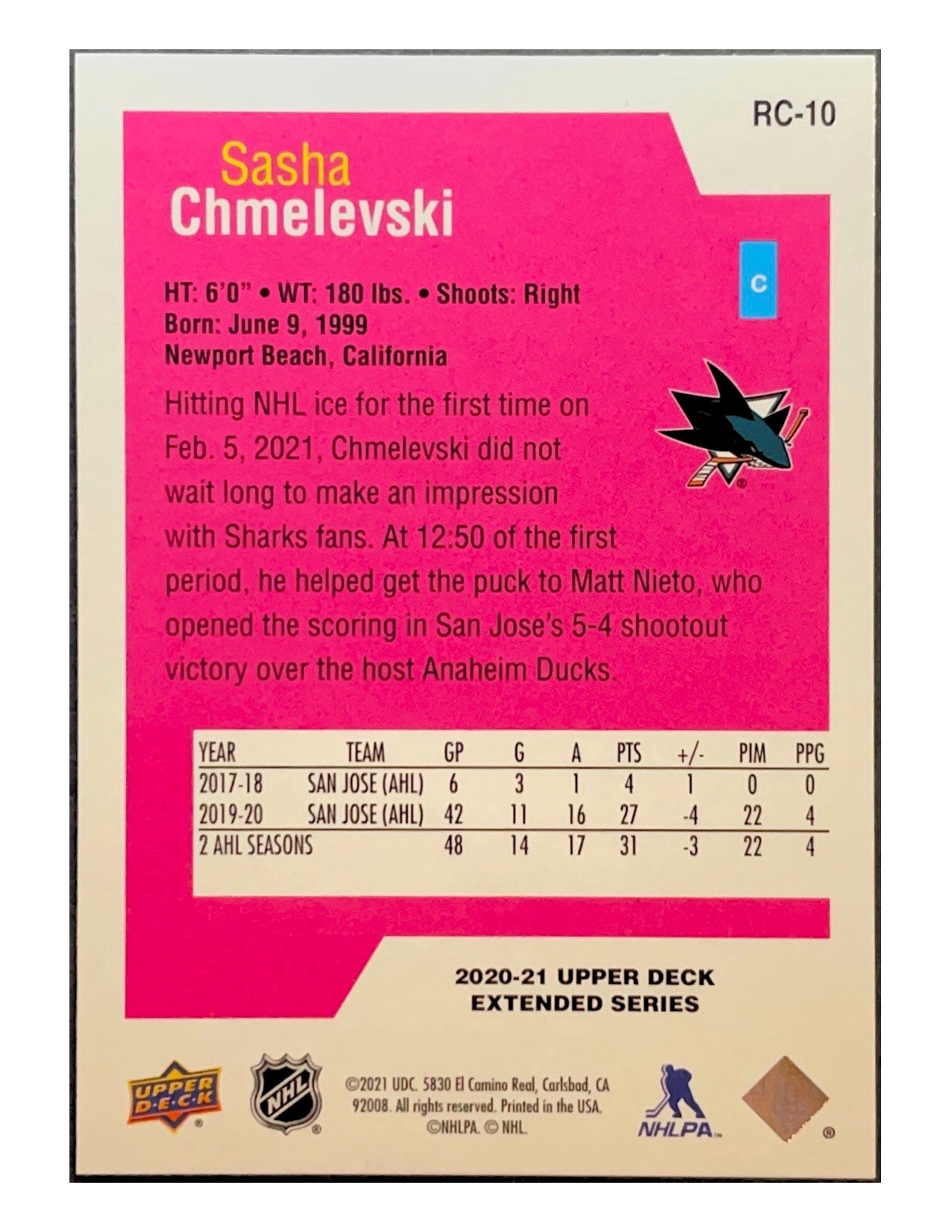 Sasha Chmelevski 2020-21 Upper Deck Extended Series Rookie Class #RC-10