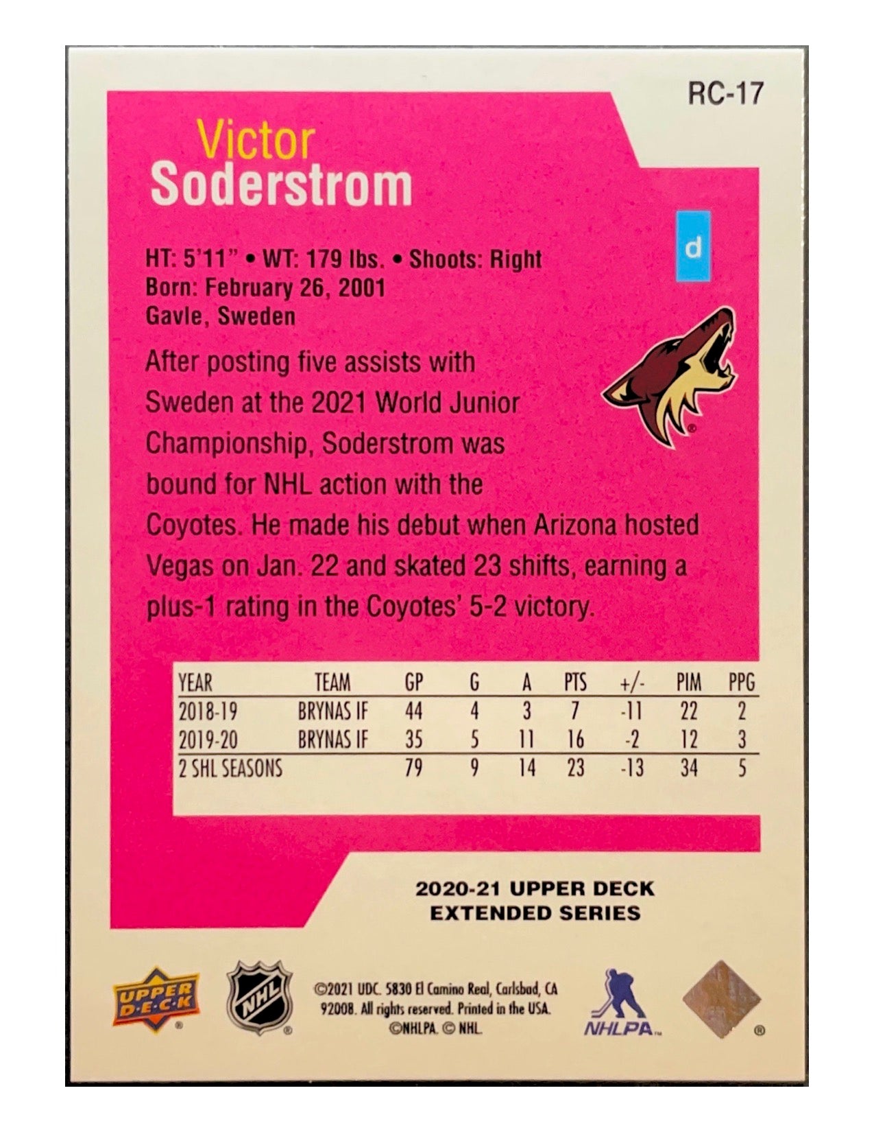 Victor Soderstrom 2020-21 Upper Deck Extended Series Rookie Class #RC-17