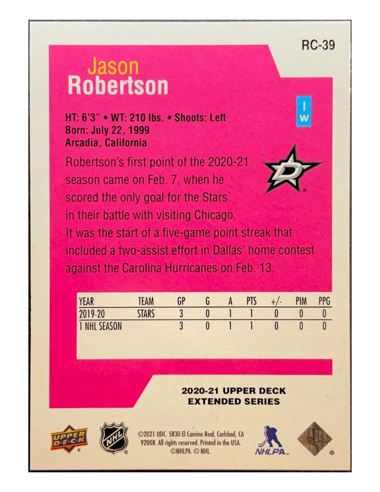 Jason Robertson 2020-21 Upper Deck Extended Series Rookie Class #RC-39