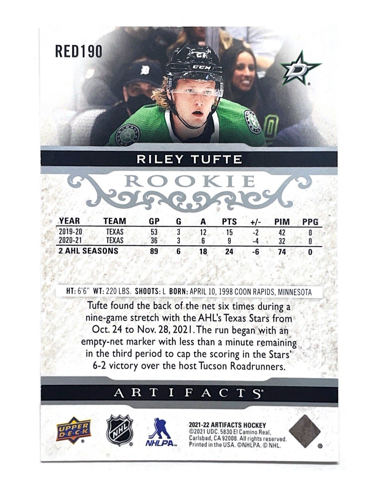 Riley Tufte 2021-22 Upper Deck Artifacts Rookie #RED190 - 326/999