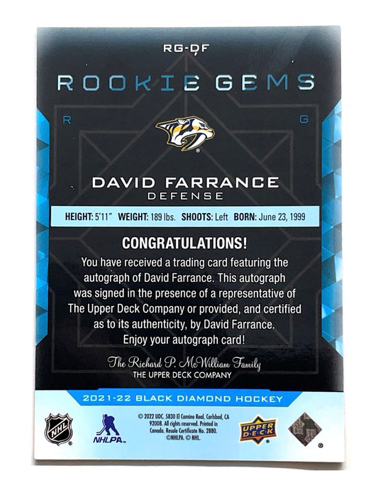 David Farrance 2021-22 Upper Deck Black Diamond Rookie Gems Autograph #RG-DF  - 66/199