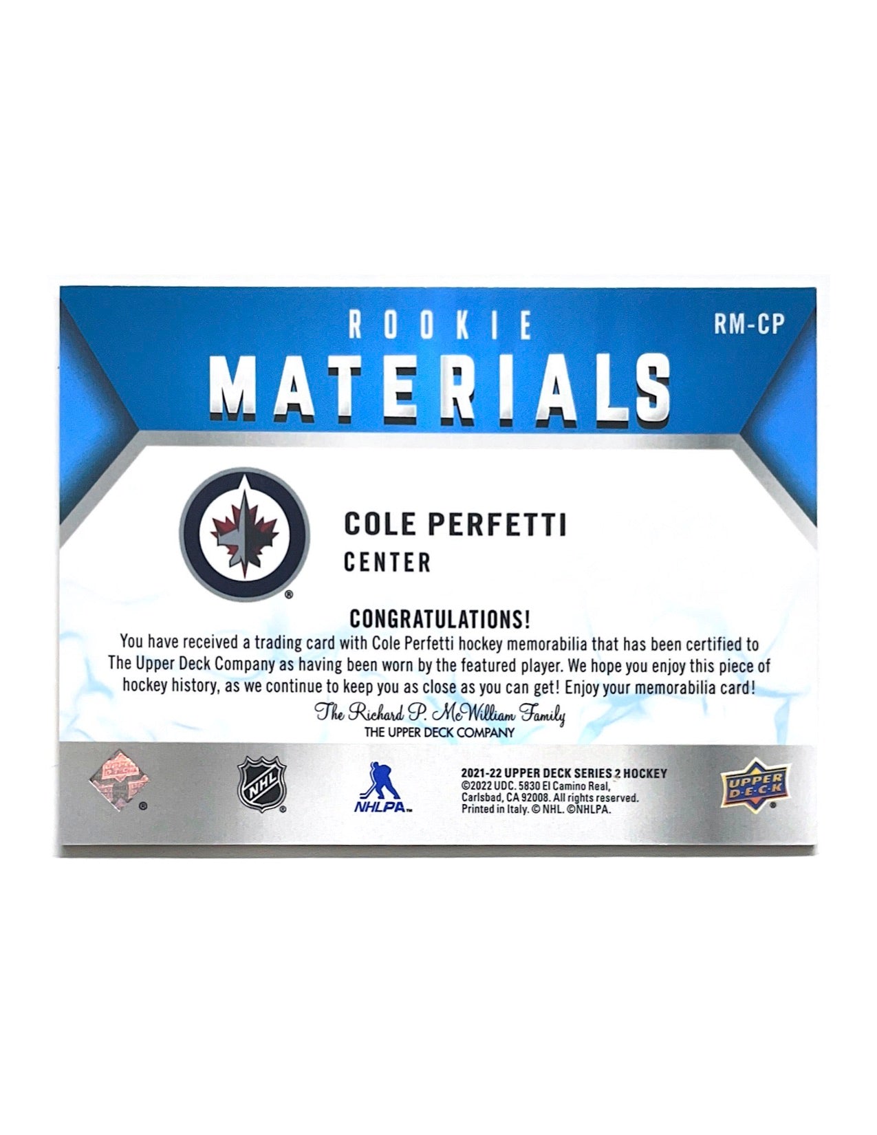 Cole Perfetti 2021-22 Upper Deck Series 2 Rookie Materials Jersey #RM-CP