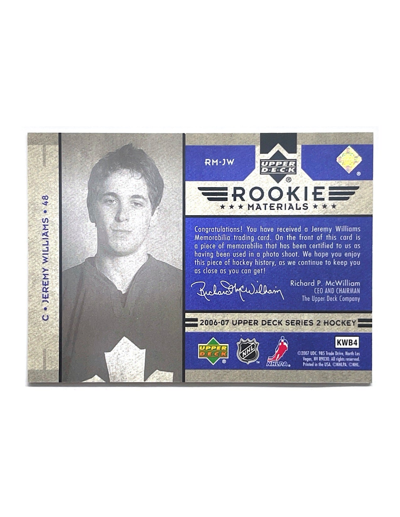 Jeremy Williams 2006-07 Upper Deck Series 2 Rookie Materials #RM-JW