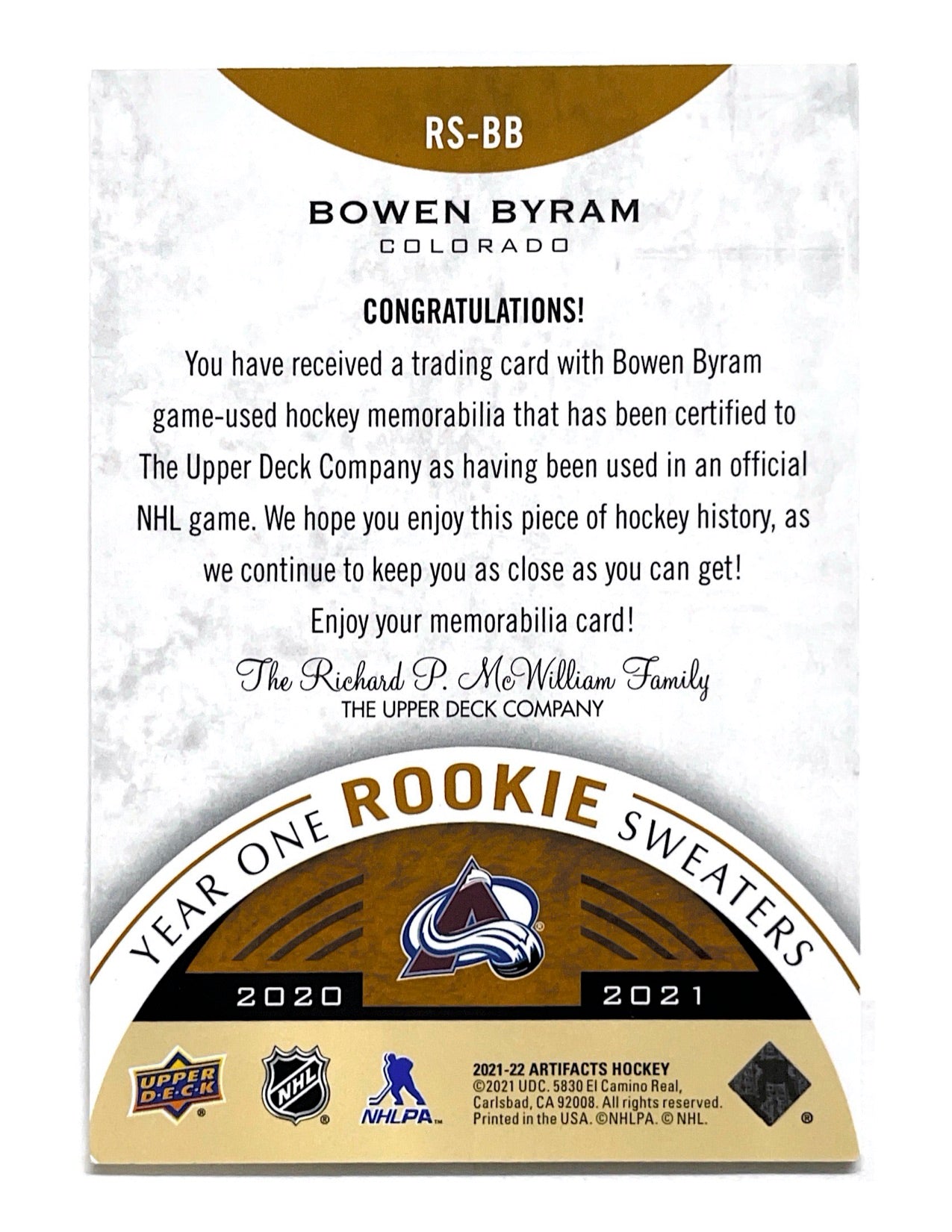 Bowen Byram 2021-22 Upper Deck Artifacts Year One Rookie Sweaters Jersey #RS-BB