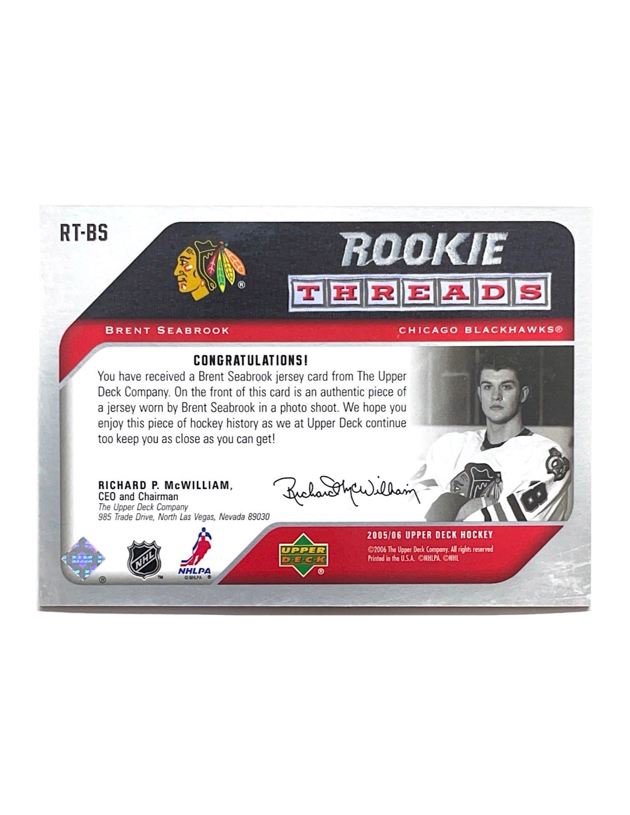 Brent Seabrook 2005-06 Upper Deck Series 1 Rookie Threads Jersey #RT-BS