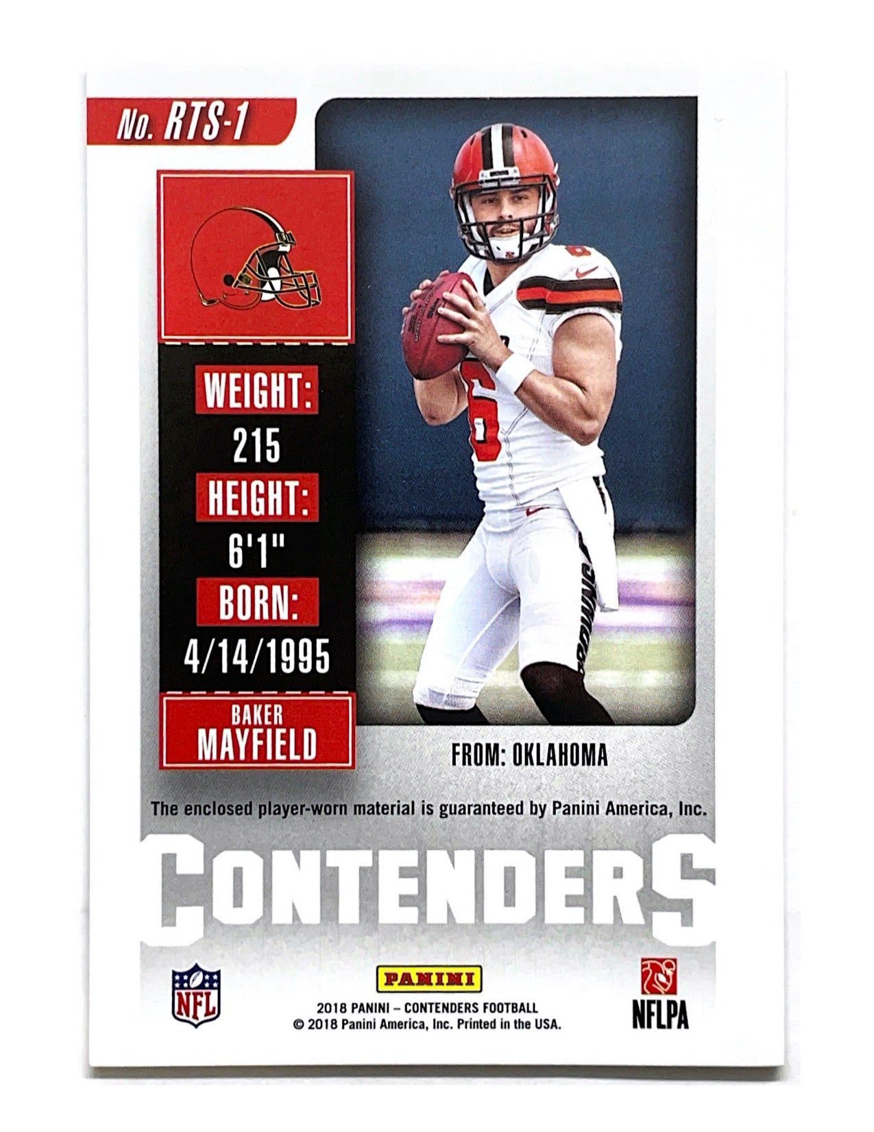 Baker Mayfield 2018 Panini Contenders Rookie Ticket Green Jersey #RTS-1