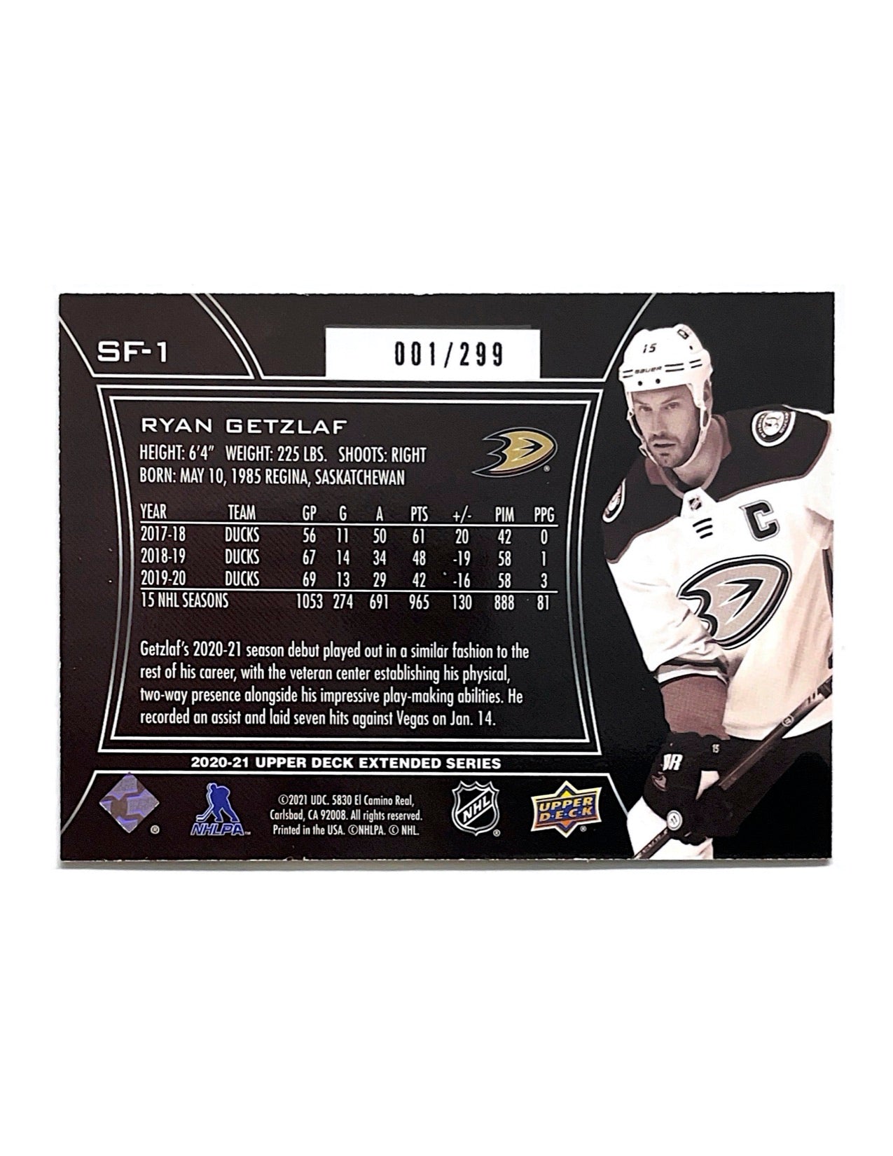 Ryan Getzlaf 2020-21 Upper Deck Extended Series Finite Silver Foil #SF-1 - 001/250