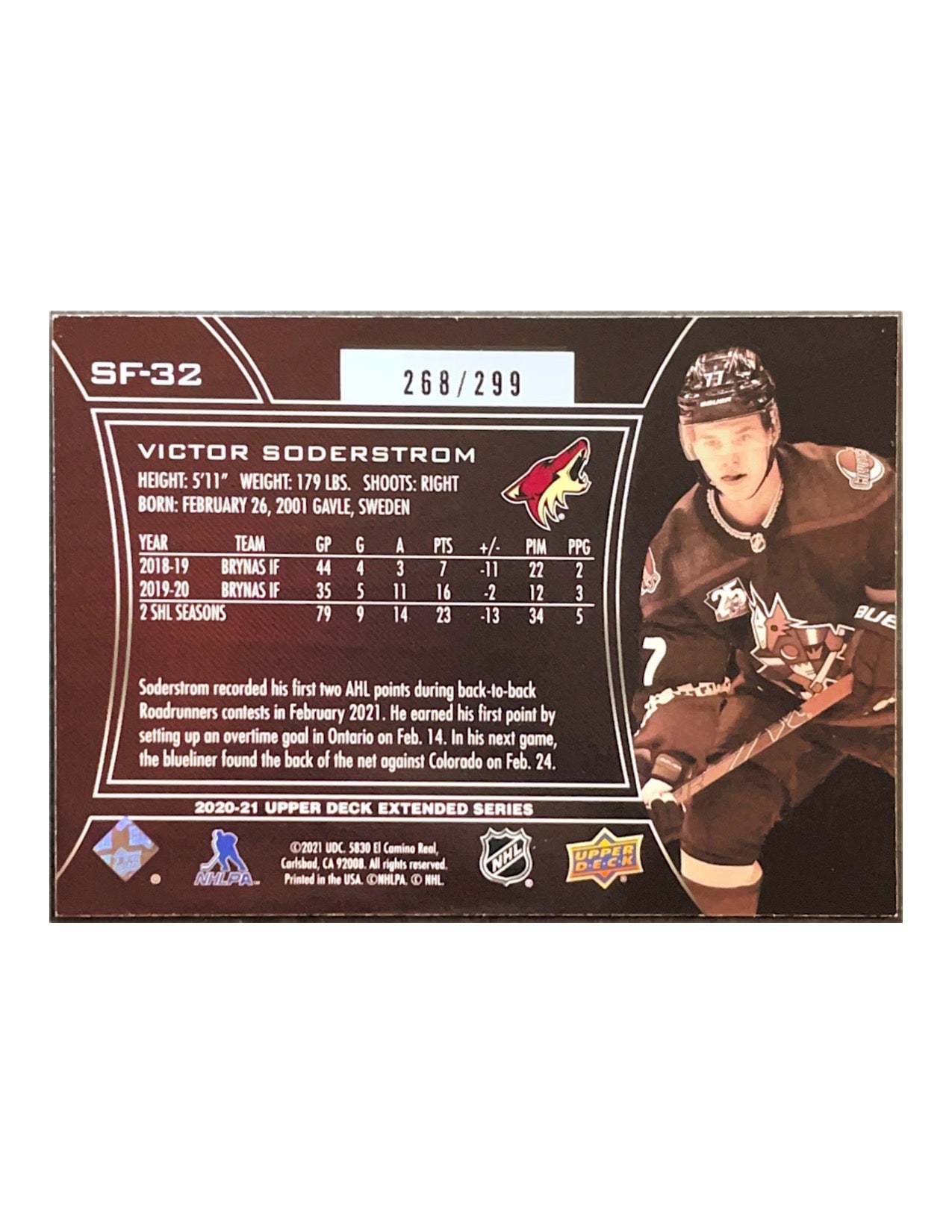 Victor Soderstrom 2020-21 Upper Deck Extended Series SPx Finite Gold #SF-32 - 268/299