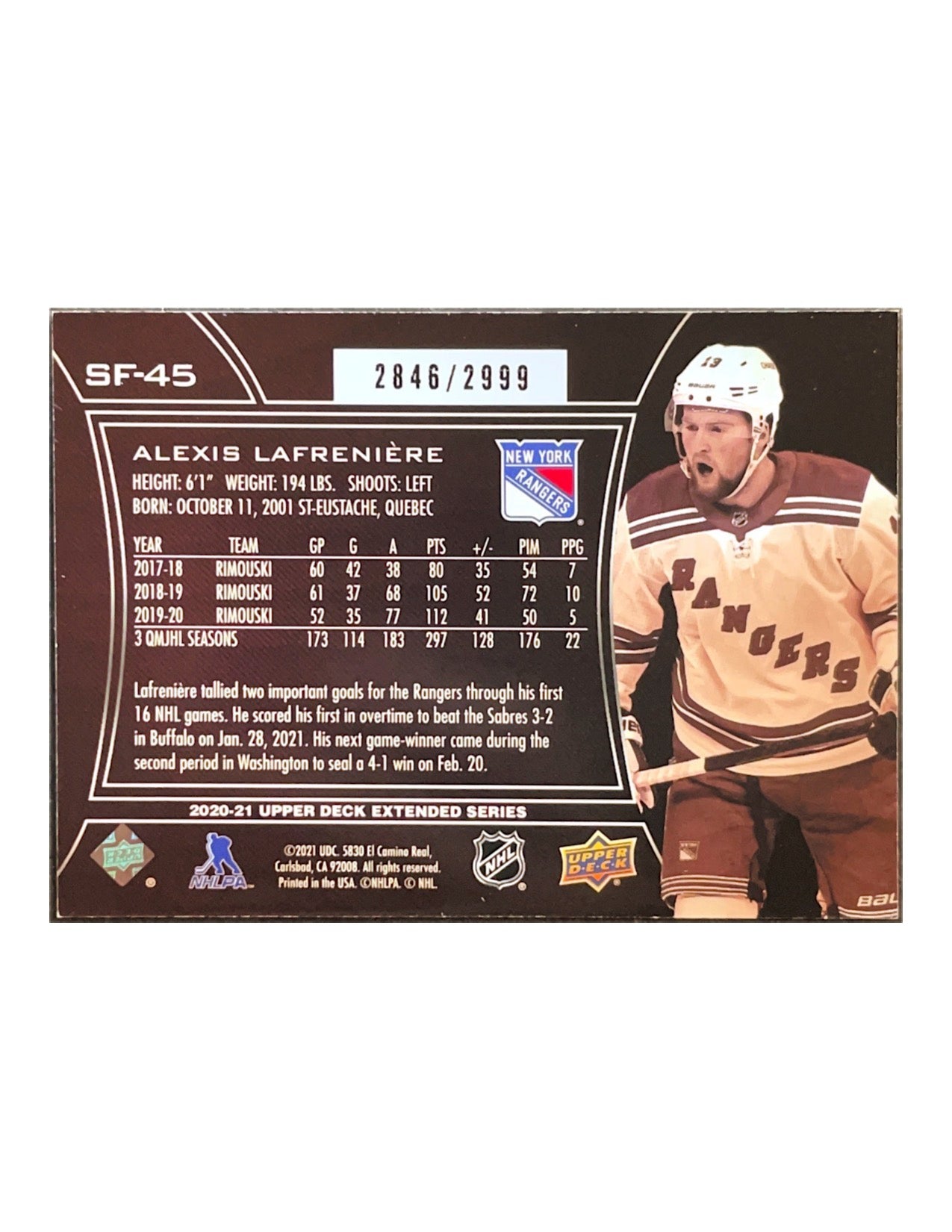 Alexis Lafreniere 2020-21 Upper Deck Extended Series SPx Finite #SF-45 - 2846/2999