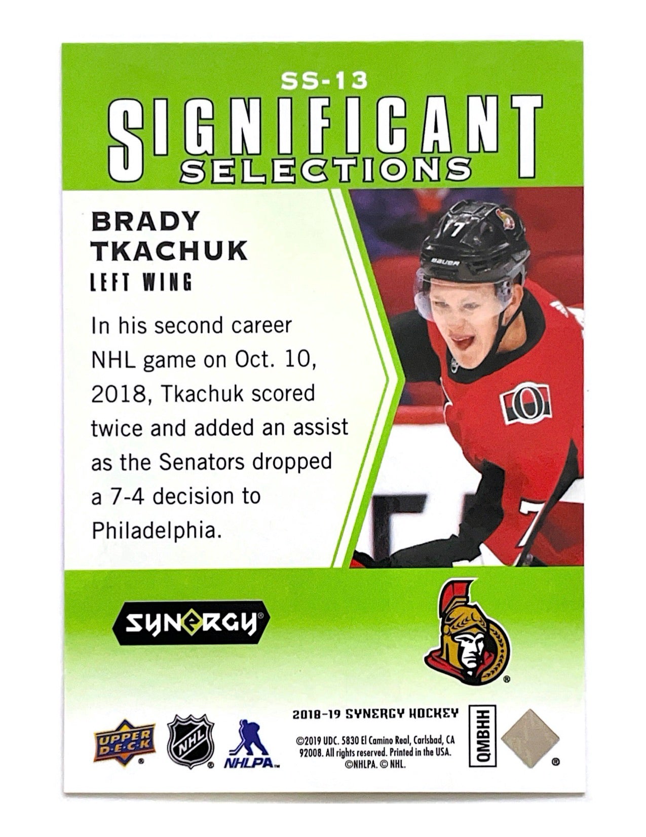 Brady Tkachuk 2018-19 Upper Deck Synergy Significant Selections Green #SS-13 - 155/199