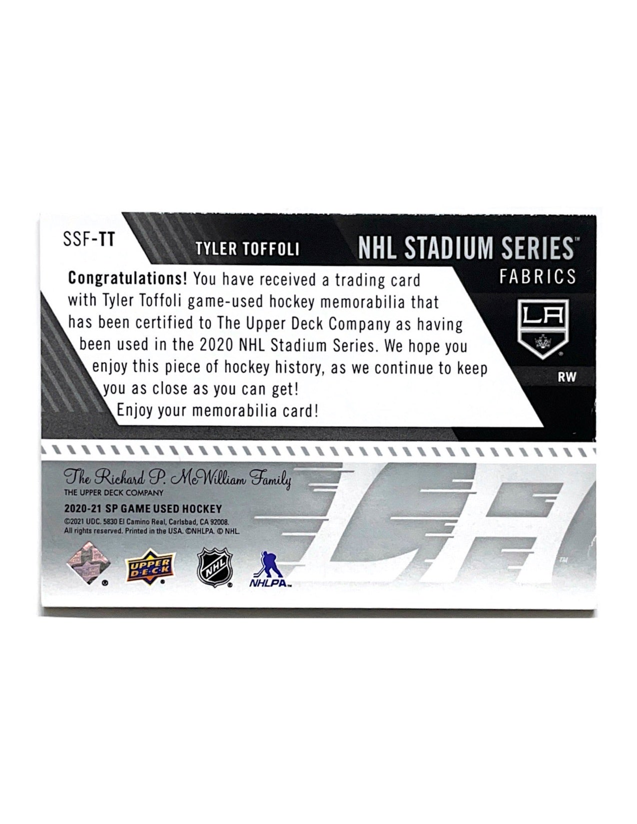 Tyler Toffoli 2020-21 Upper Deck SP Game Used NHL Stadium Series Fabrics #SSF-TT