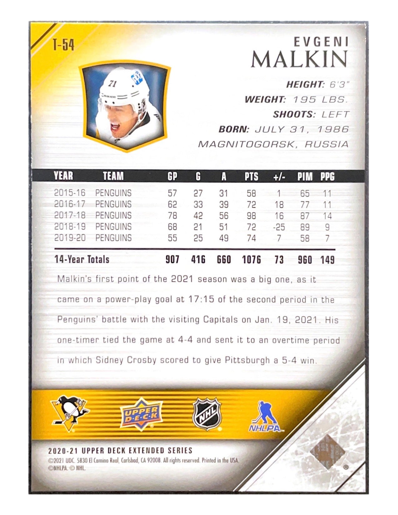 Evgeni Malkin 2020-21 Upper Deck Extended Series Tribute #T-54