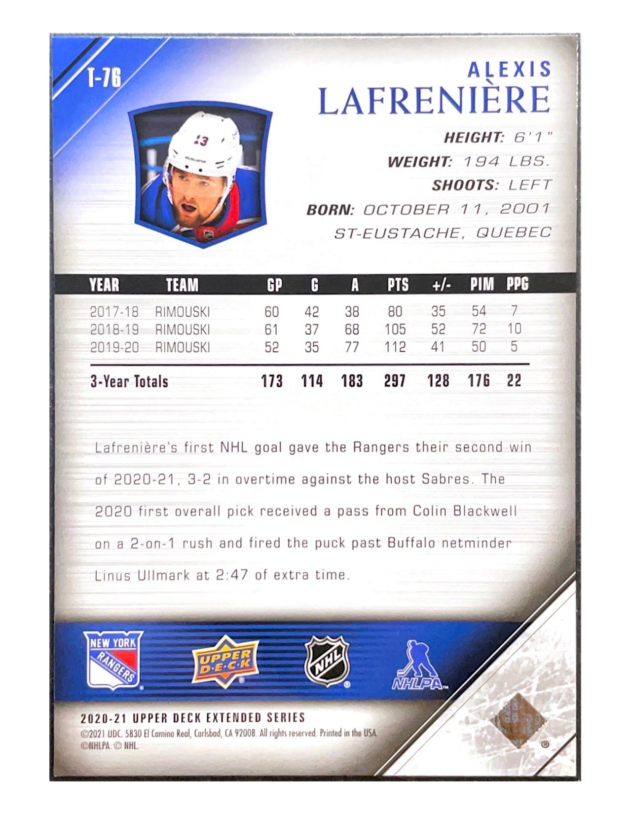 Alexis Lafreniere 2020-21 Upper Deck Extended Series Tribute Young Guns #T-76
