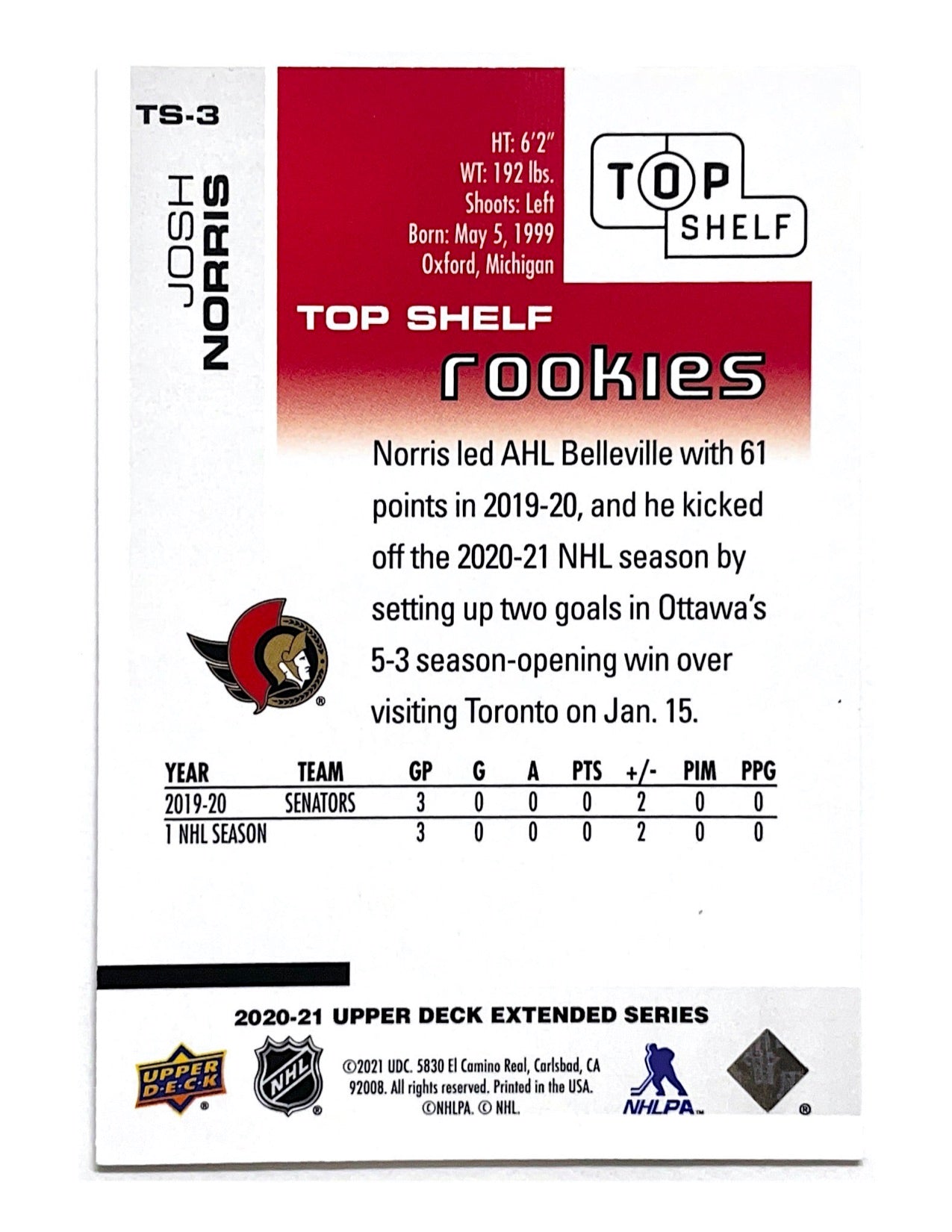 Josh Norris 2020-21 Upper Deck Extended Series Top Shelf Rookies #TS-3 - 019/500