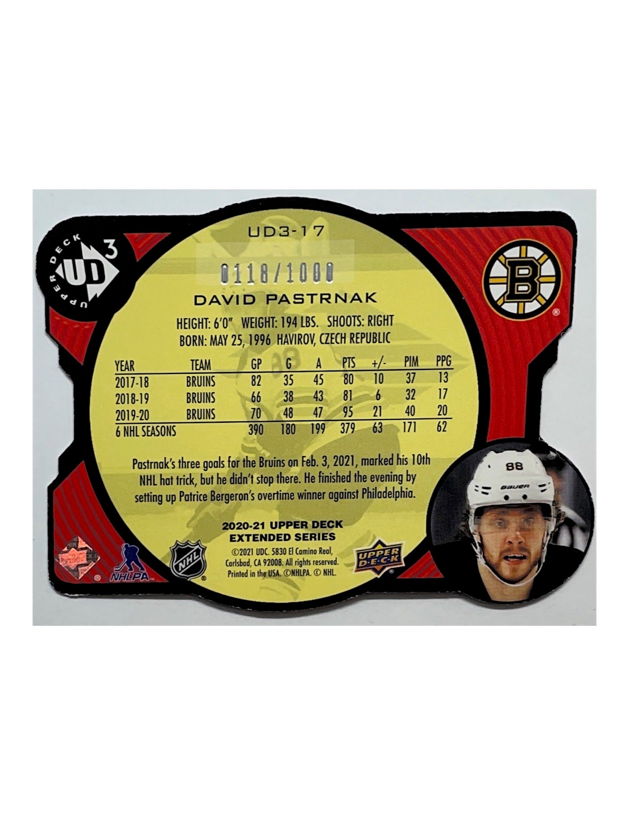 David Pastrnak 2020-21 Upper Deck Extended Series UD3 Die Cut #UD3-17 - 0118/1000