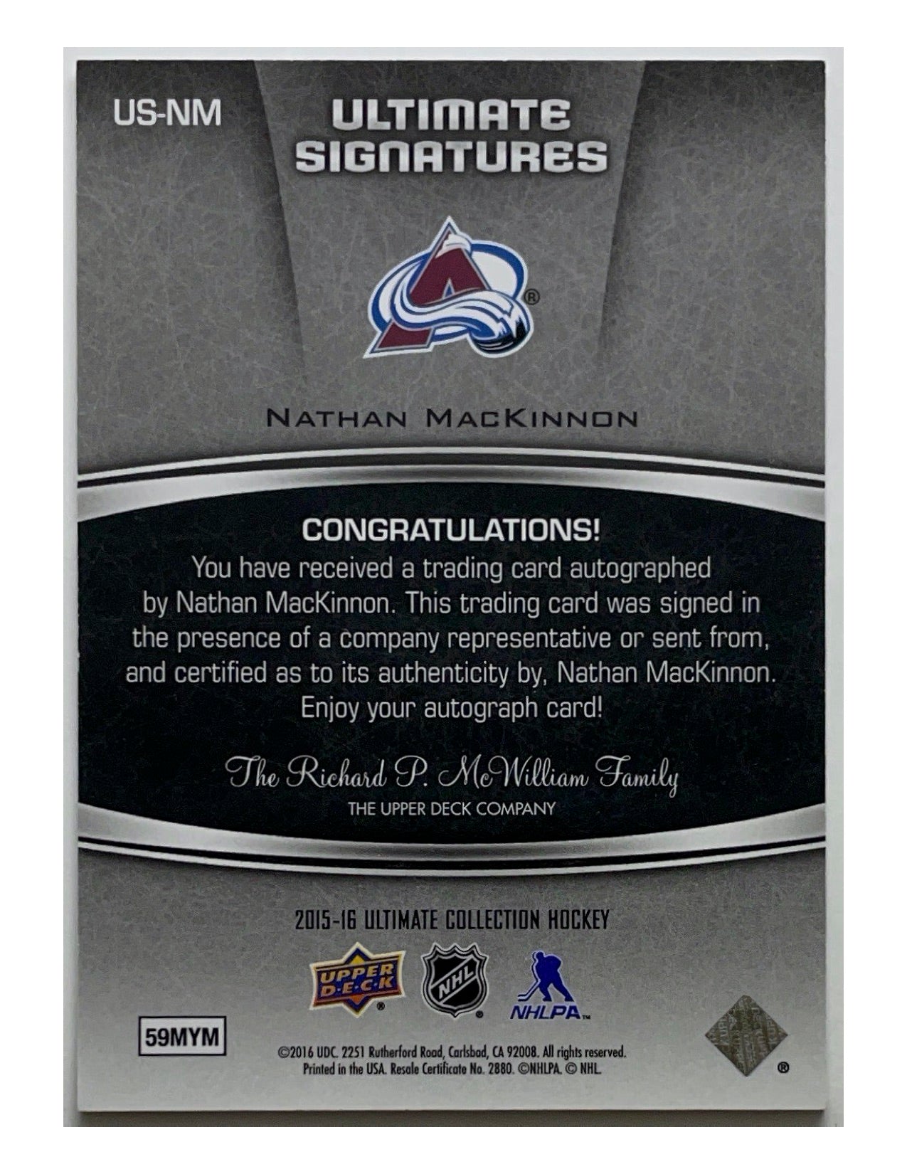 Nathan MacKinnon 2015-16 Upper Deck Ultimate Collection Ultimate Signatures #US-NM