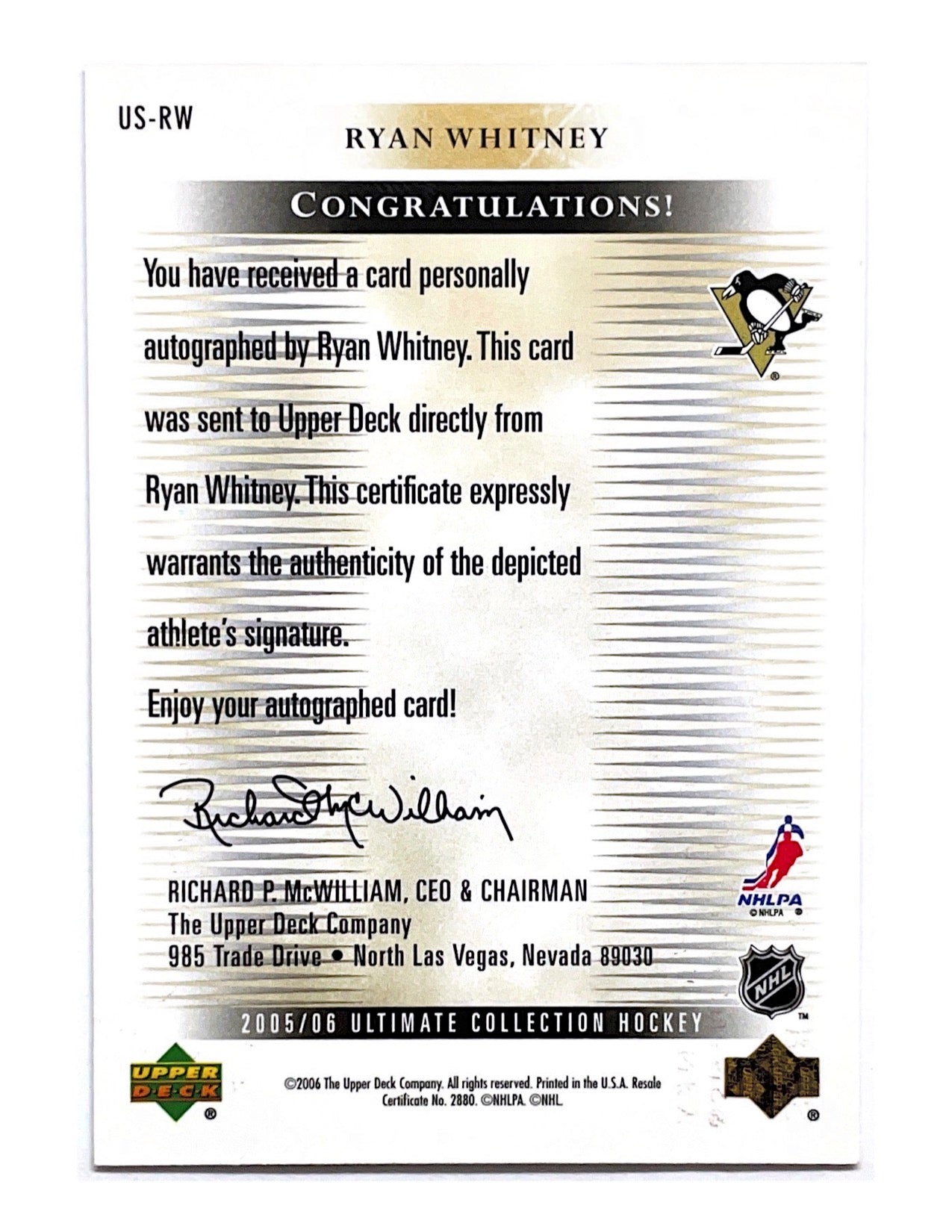 Ryan Whitney 2005-06 Upper Deck Ultimate Collection Ultimate Signatures #US-RW