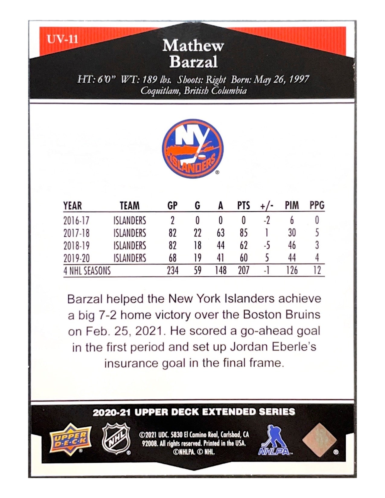 Mathew Barzal 2020-21 Upper Deck Extended Series Ultimate Victory #UV-11