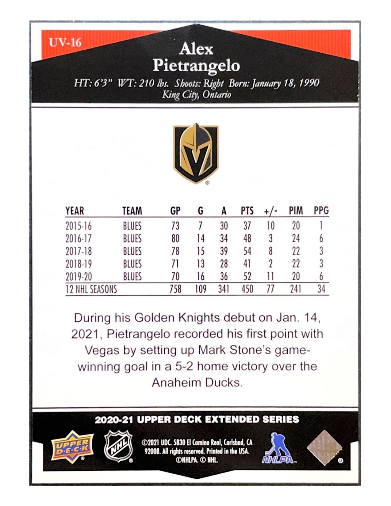 Alex Pietrangelo 2020-21 Upper Deck Extended Series Ultimate Victory #UV-16