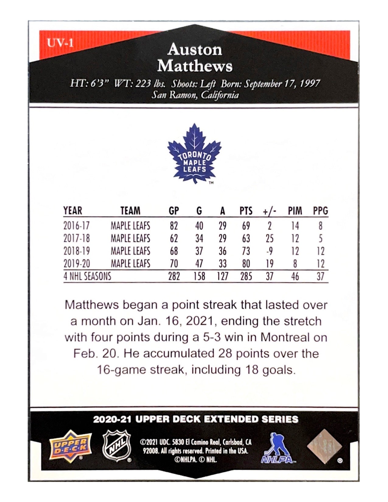 Auston Matthews 2020-21 Upper Deck Extended Series Ultimate Victory #UV-1