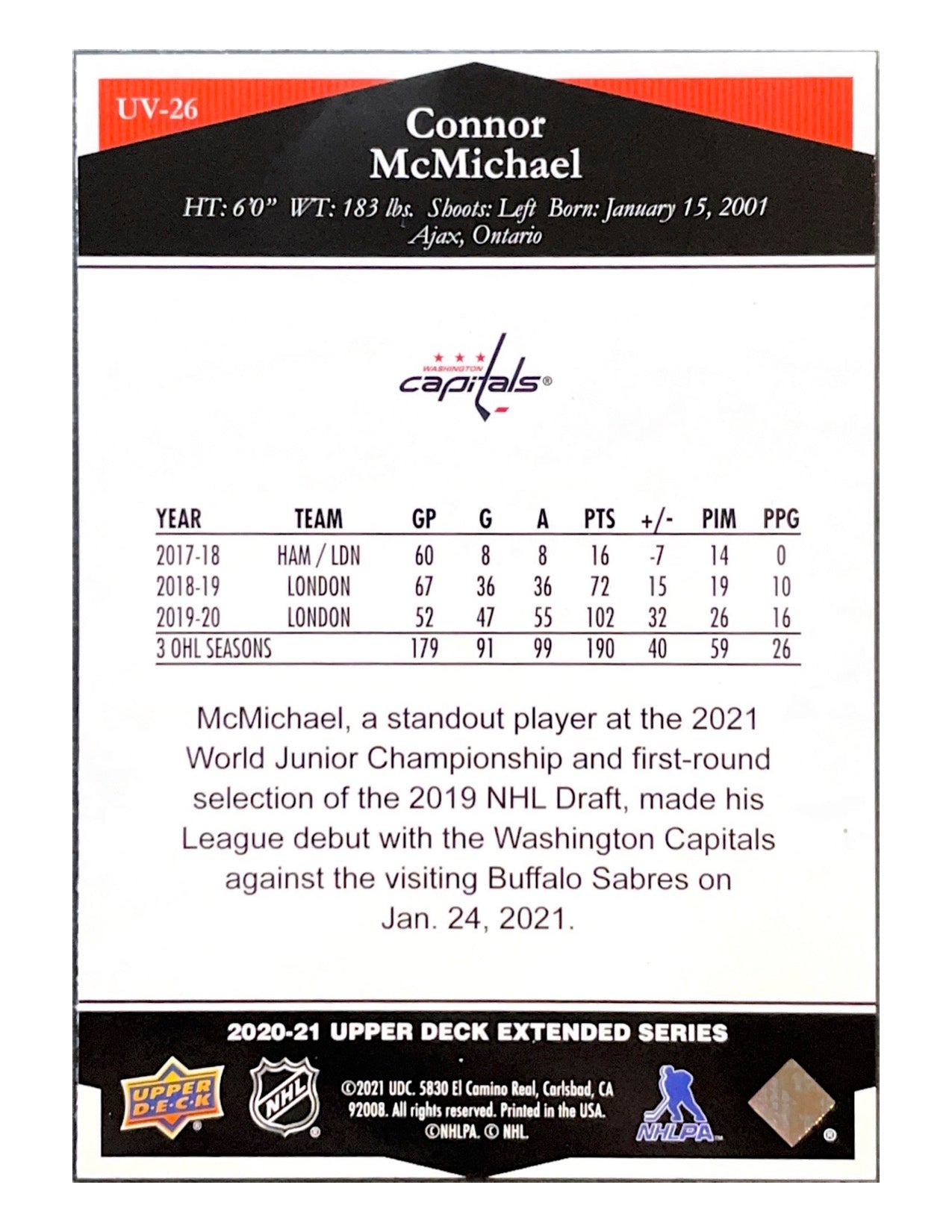 Connor McMichael 2020-21 Upper Deck Extended Series Ultimate Victory Rookie #UV-26