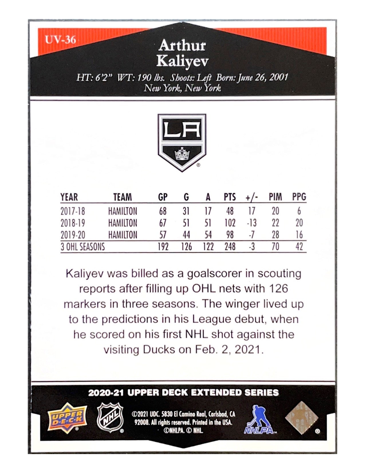 Arthur Kaliyev 2020-21 Upper Deck Extended Series Ultimate Victory Rookie #UV-36