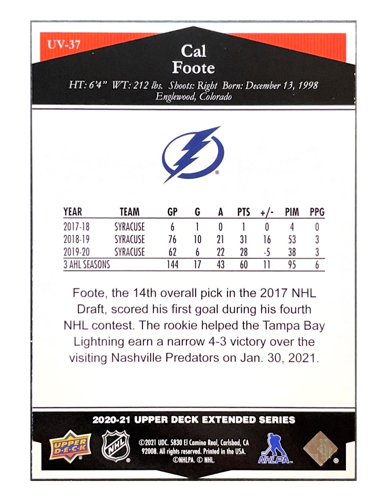 Cal Foote 2020-21 Upper Deck Extended Series Ultimate Victory Rookie #UV-37