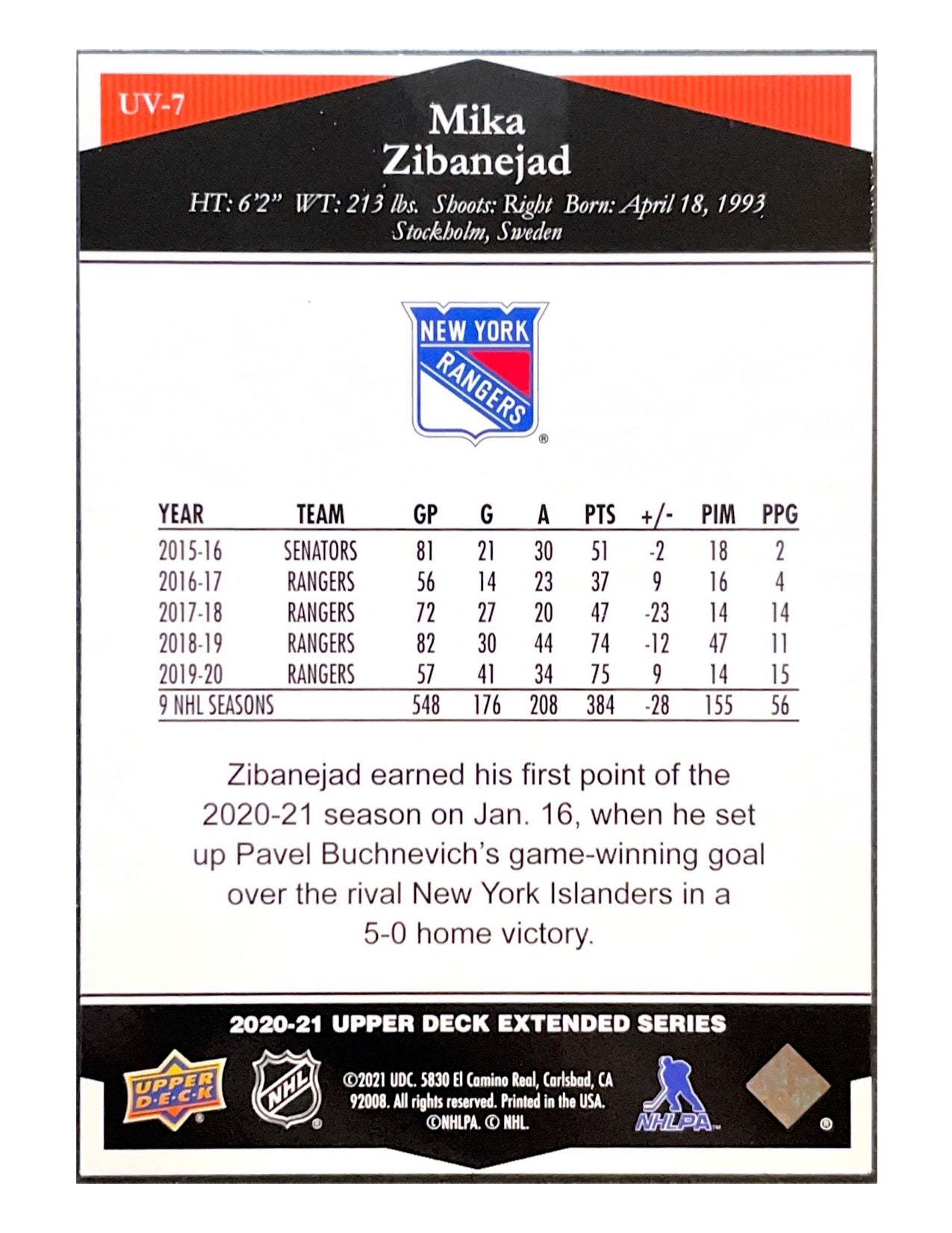 Mika Zibanejad 2020-21 Upper Deck Extended Series Ultimate Victory #UV-7