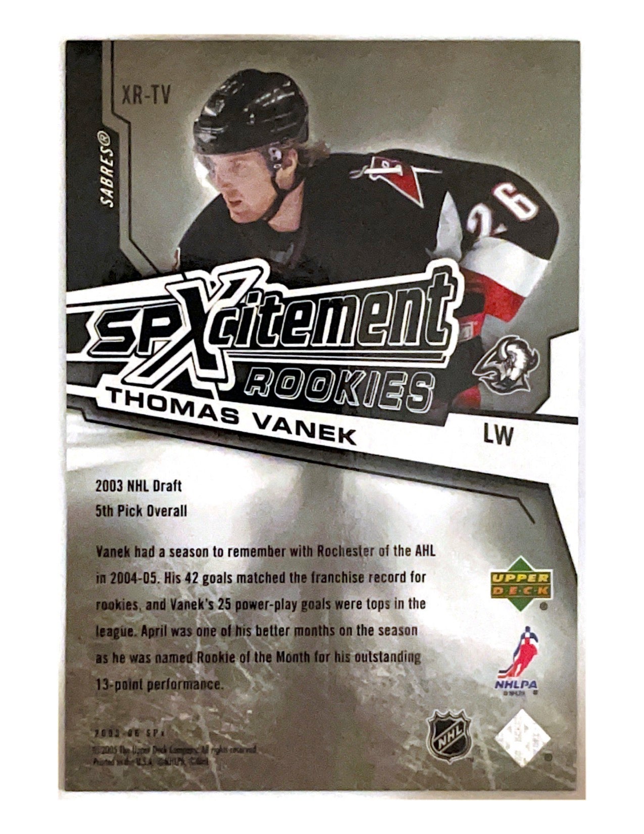 Thomas Vanek 2005-06 Upper Deck SPX SPXcitement Rookies #XR-TV -433/999