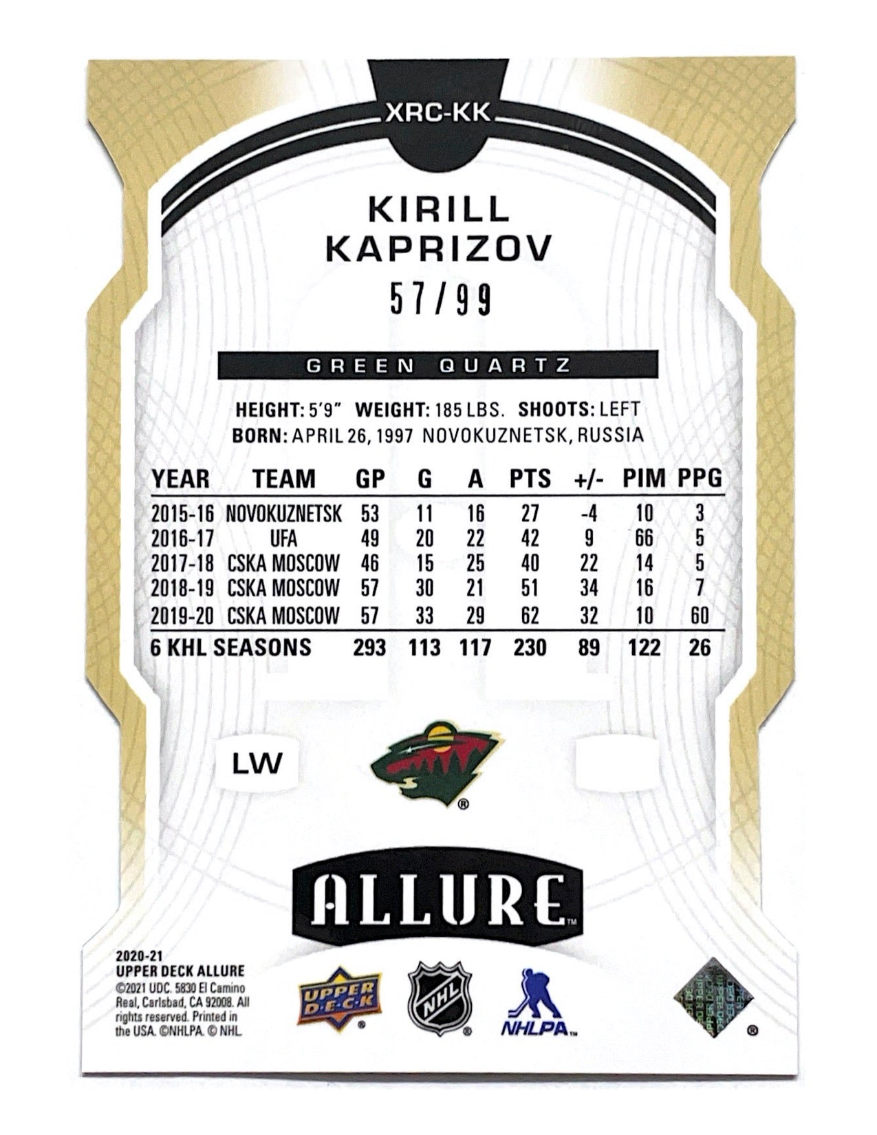 Kirill Kaprizov 2020-21 Upper Deck Allure Rookie Green Quartz XRC-KK - 57/99